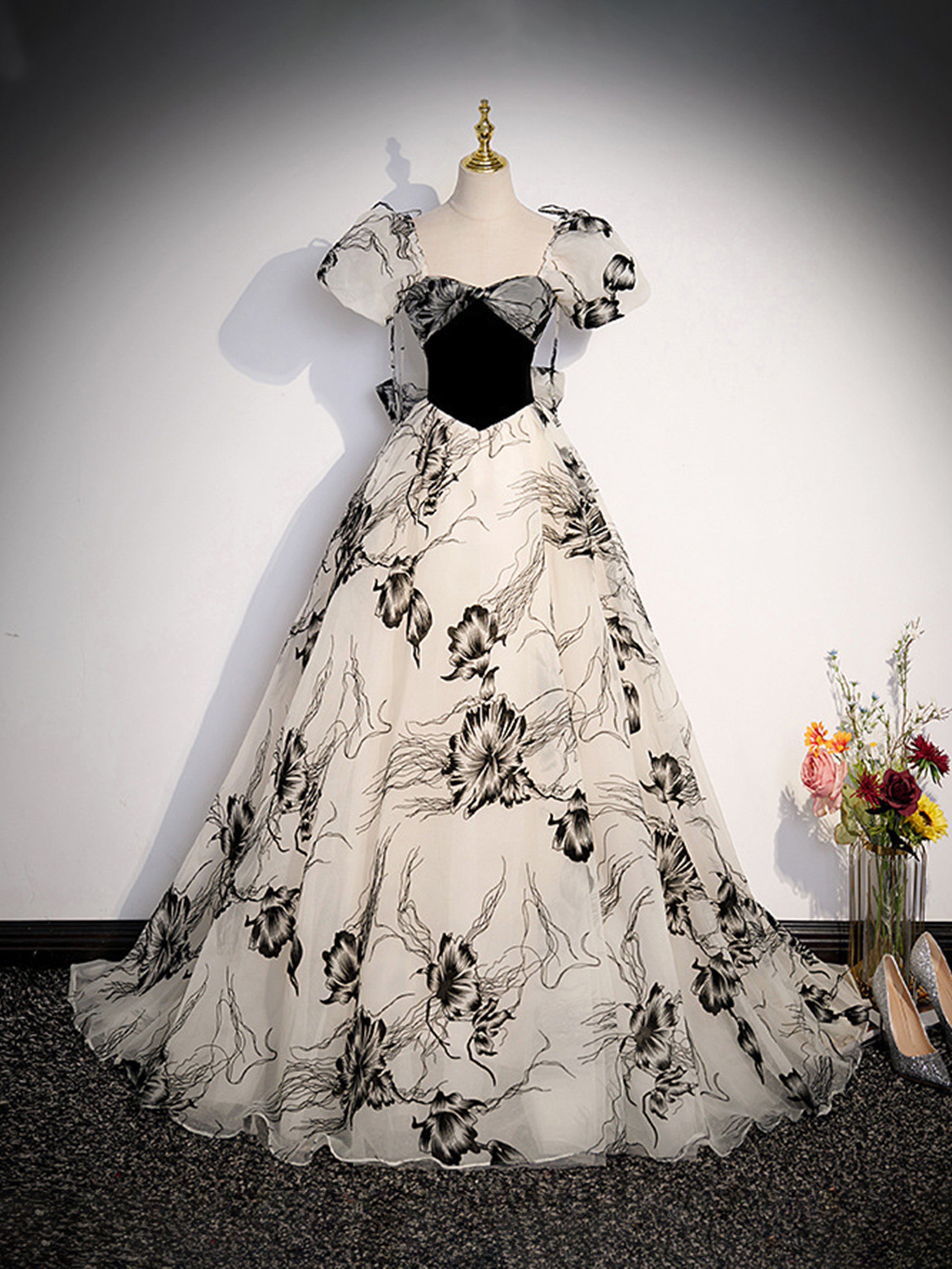 2 Pièces Trapèzes Col Cœur Manches Bouffantes Longueur Ras de la Cheville Robe Invitée de Mariage en NOIR