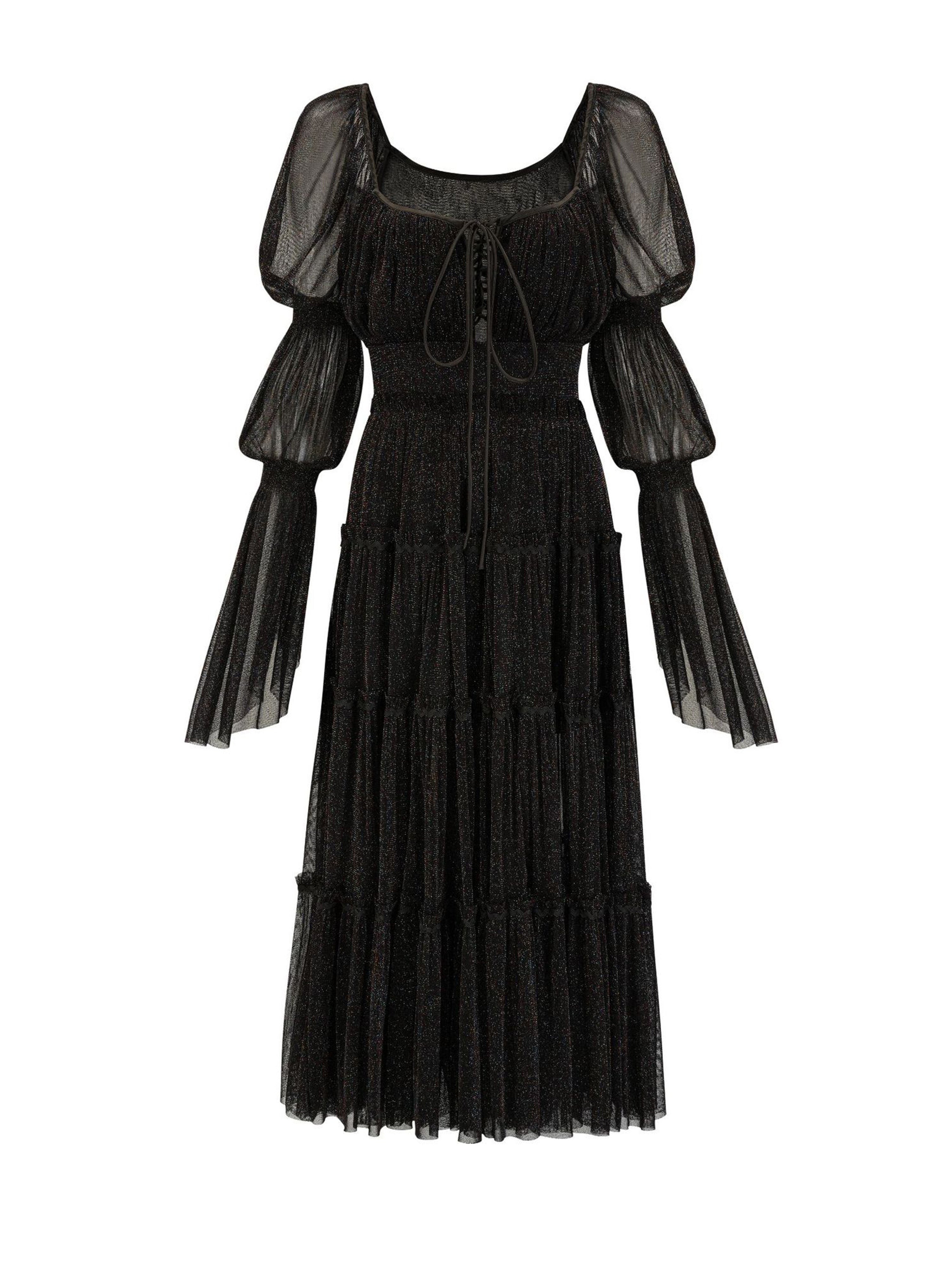 Robe Trapèze Col Carré Manches Longues Paillettes Robe de Soirée en Noir