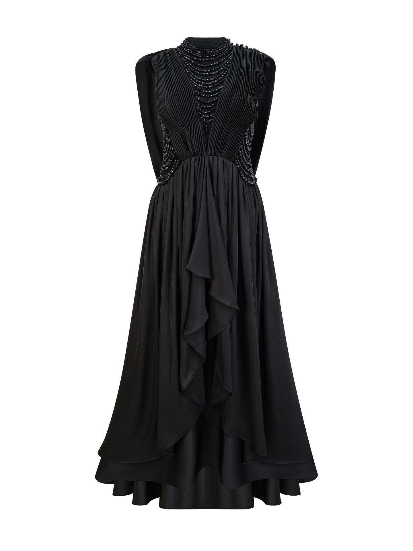 Robe Longue Asymétrique Col Rond Sans Manches Robe de Soirée en Noir