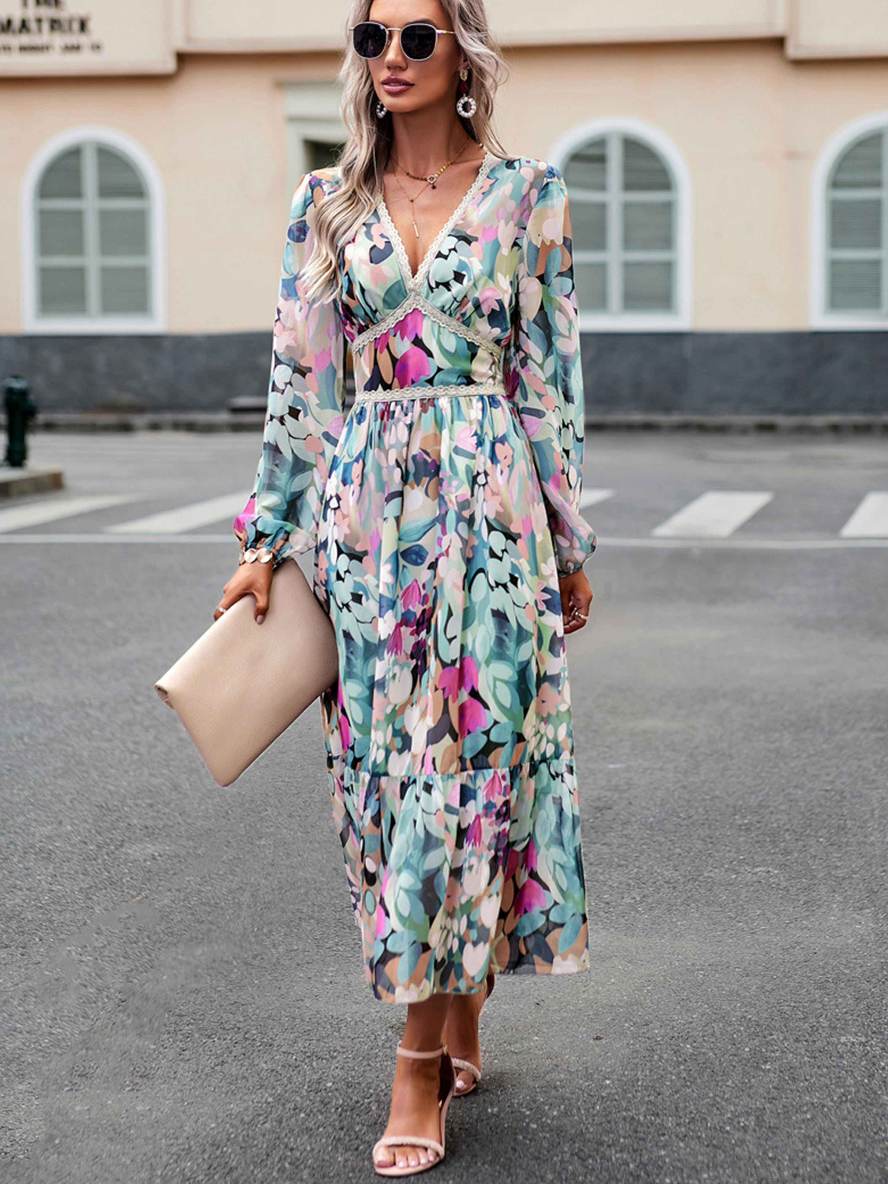 Robe Florale Vert Trapèze Col V Manches Longues Robe Invitée de Mariage