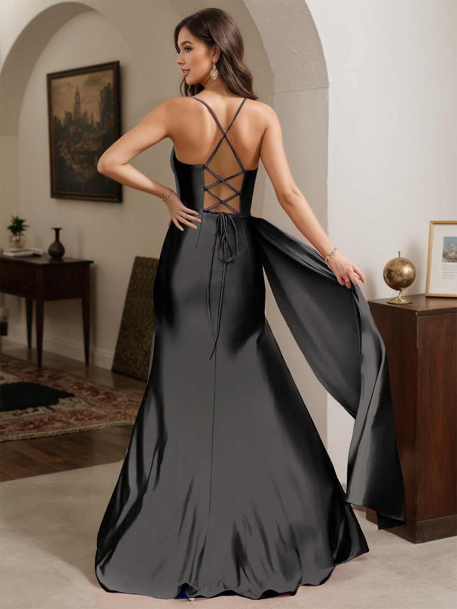 Cicinia Robe de Soirée Noire Longue Fourreau à Bretelles Spaghetti Fente avec Drapé Latéral