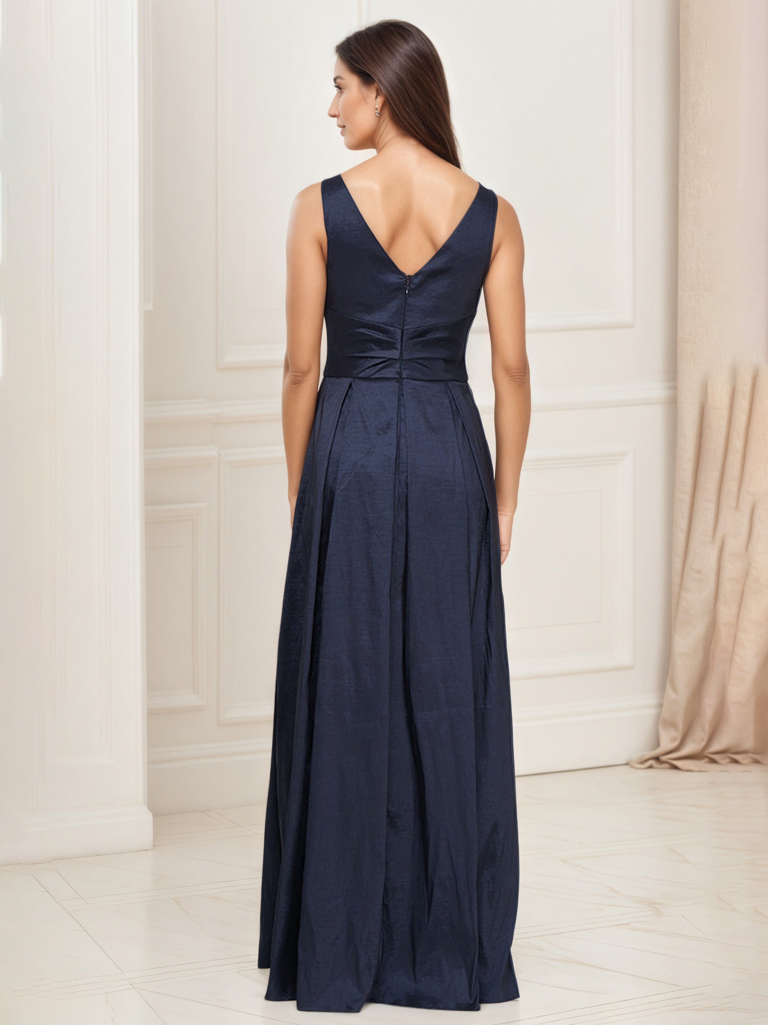Robe Mere dela Mariee BLEU_MARINE Trapèze Col V Sans Manches Robe Longue Avec Poches