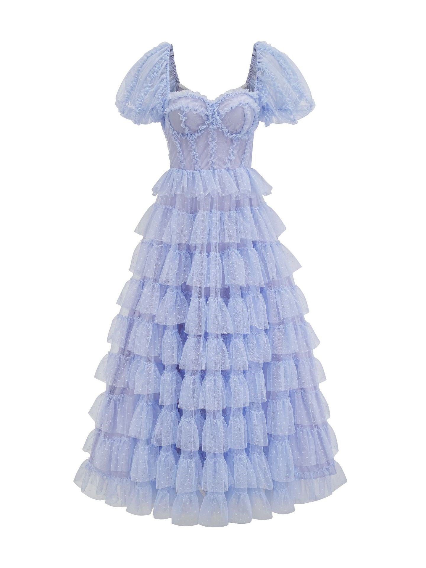 Robe Longue Trapèze Cache Cœur Manches Courtes Robe de Soirée en Bleu