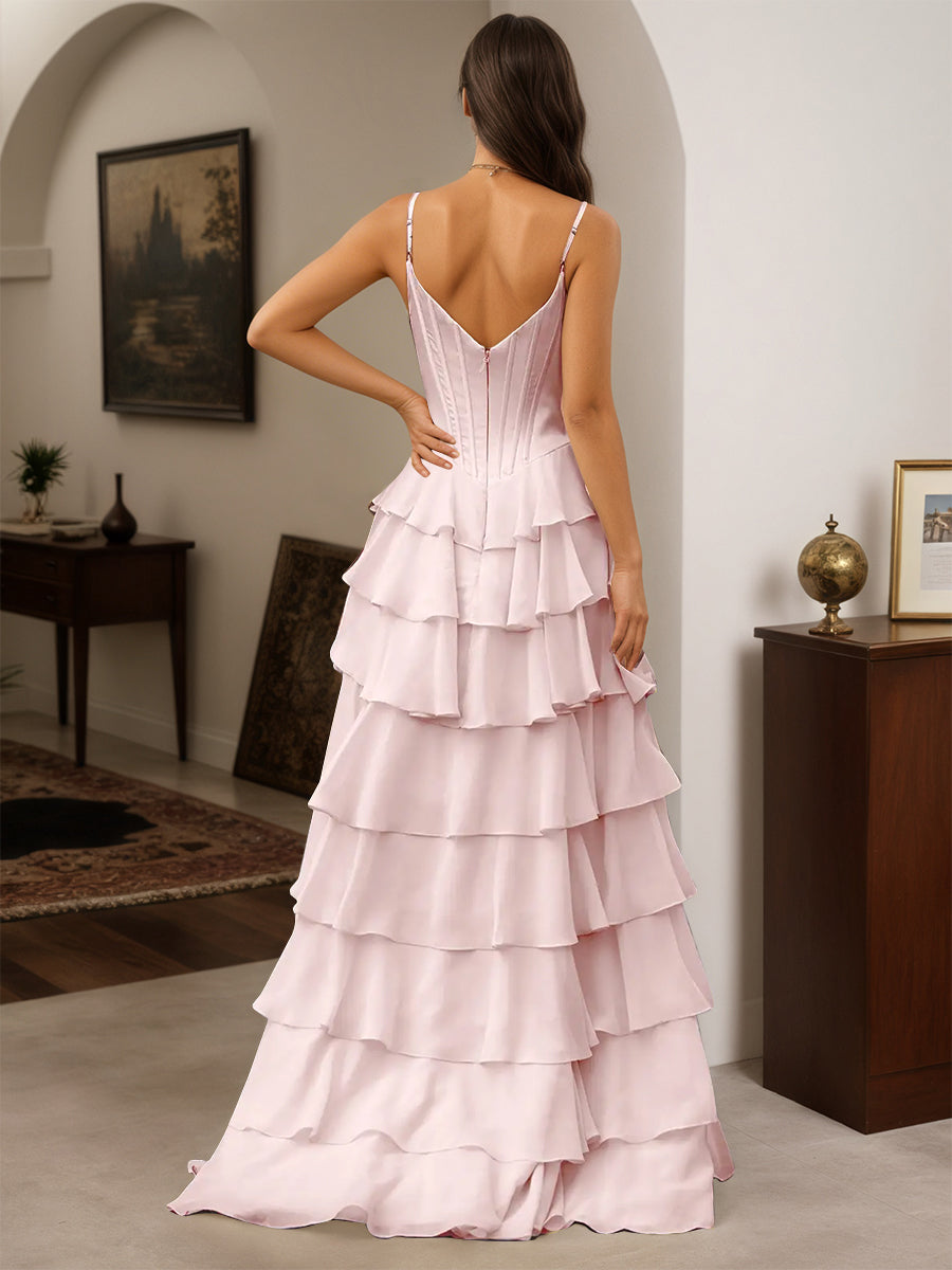 Cicinia Robe de Soirée Rose Longue A-Line à Bretelles Spaghetti Longueur Sol Fente à Volants