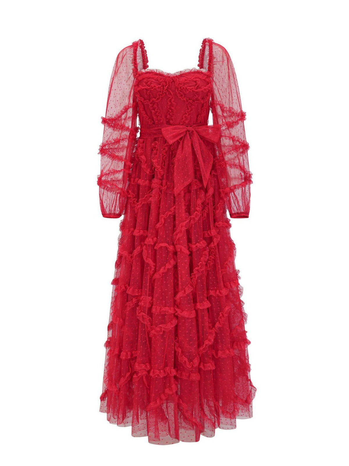 Robe Trapèze Cache Cœur Manches Longues Robe de Soirée en Rouge