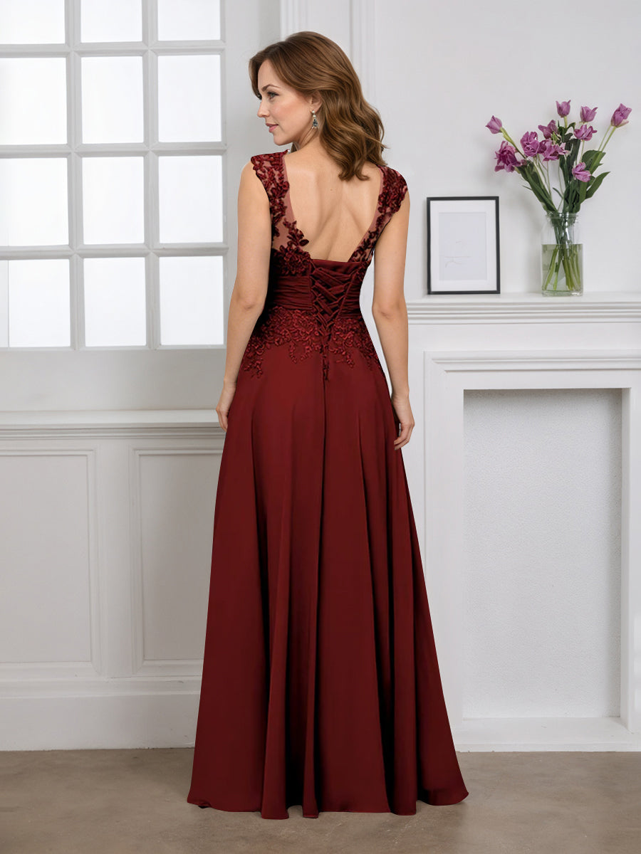 Cicinia Robe pour Mère de la Mariée BORDEAUX Longue A-Line en Mousseline Appliqués Dentelle Décolleté en V Longueur Sol