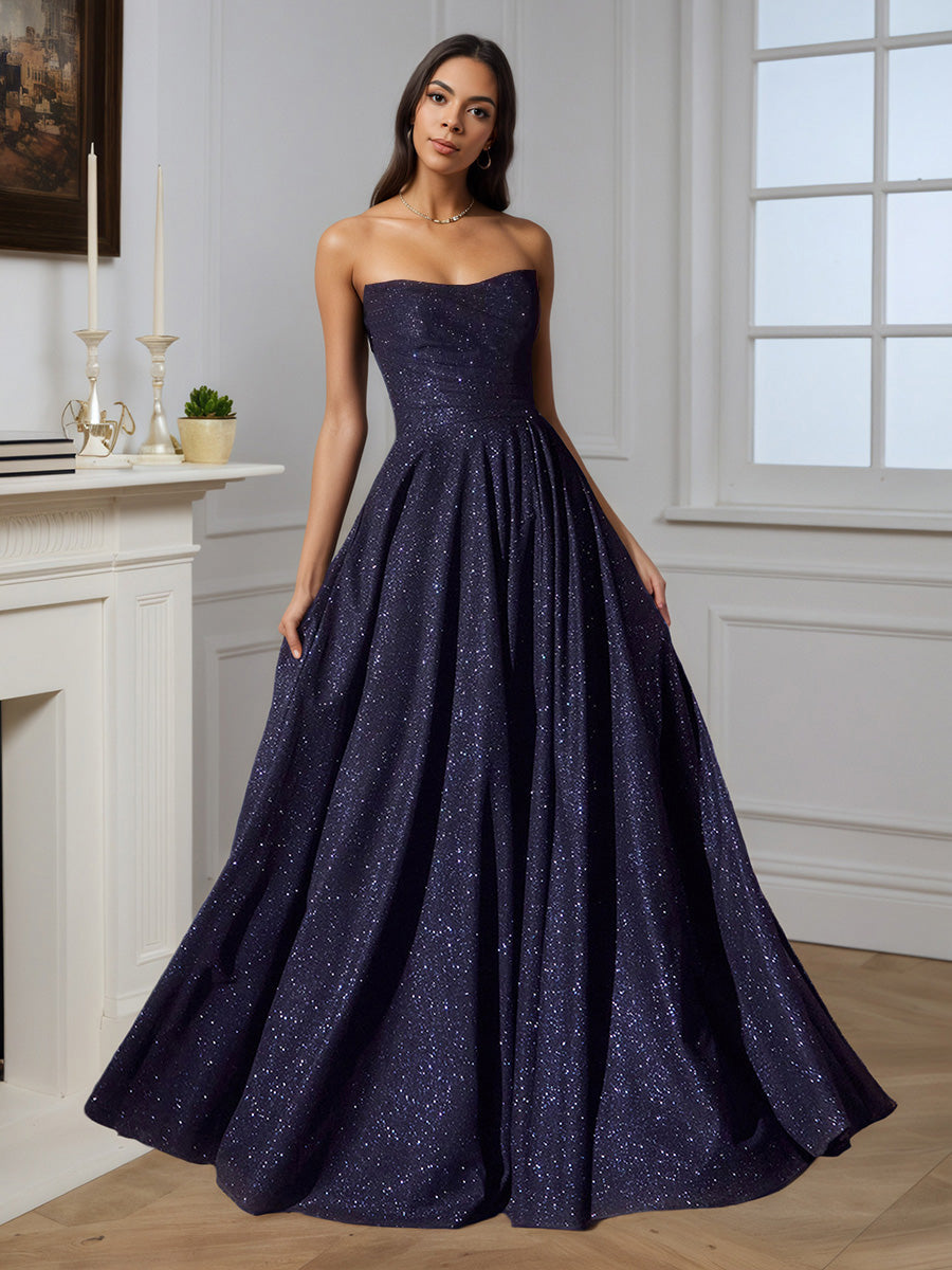 Cicinia Robe de Soirée BLEU MARINE Longue A-Line à Jupe Plissée sans Bretelles Fente Longueur Sol avec Traîne Gracieuse