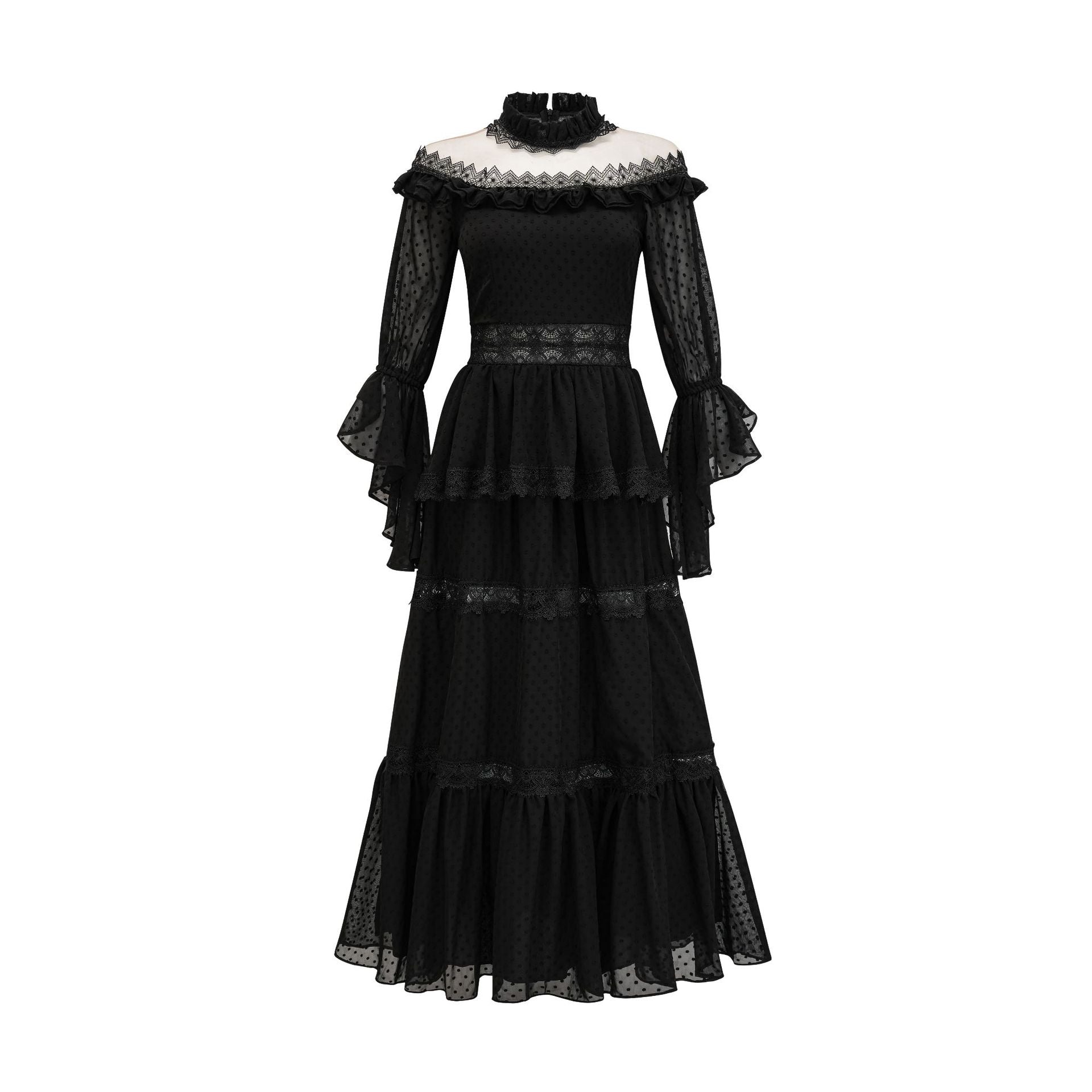 Robe Longue Broderie Empire Col Montant Manches Longues Robe de Soirée en Noir