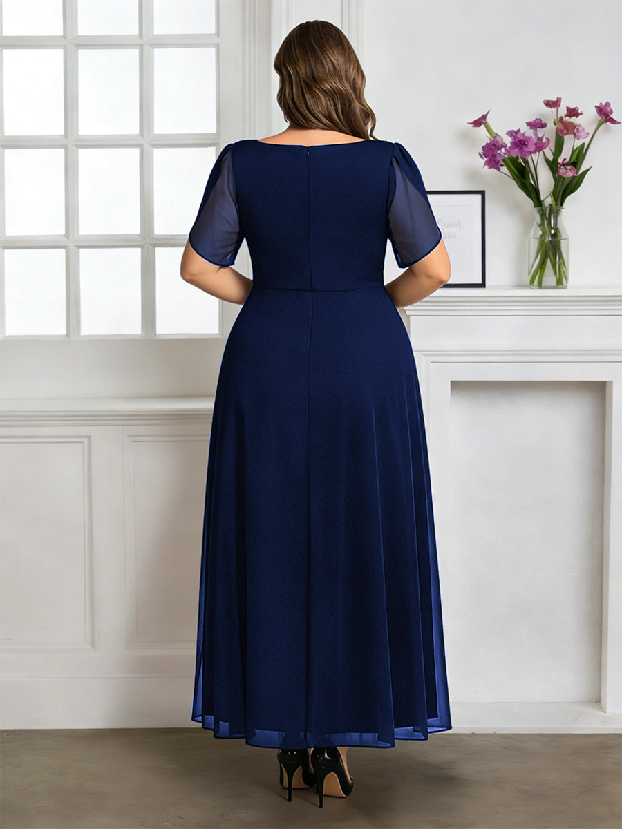 Cicinia Bleu Marine Robe pour Mère de la Mariée Longue A-Line en Mousseline Manches Courtes Décolleté en V Longueur Cheville Grande Taille