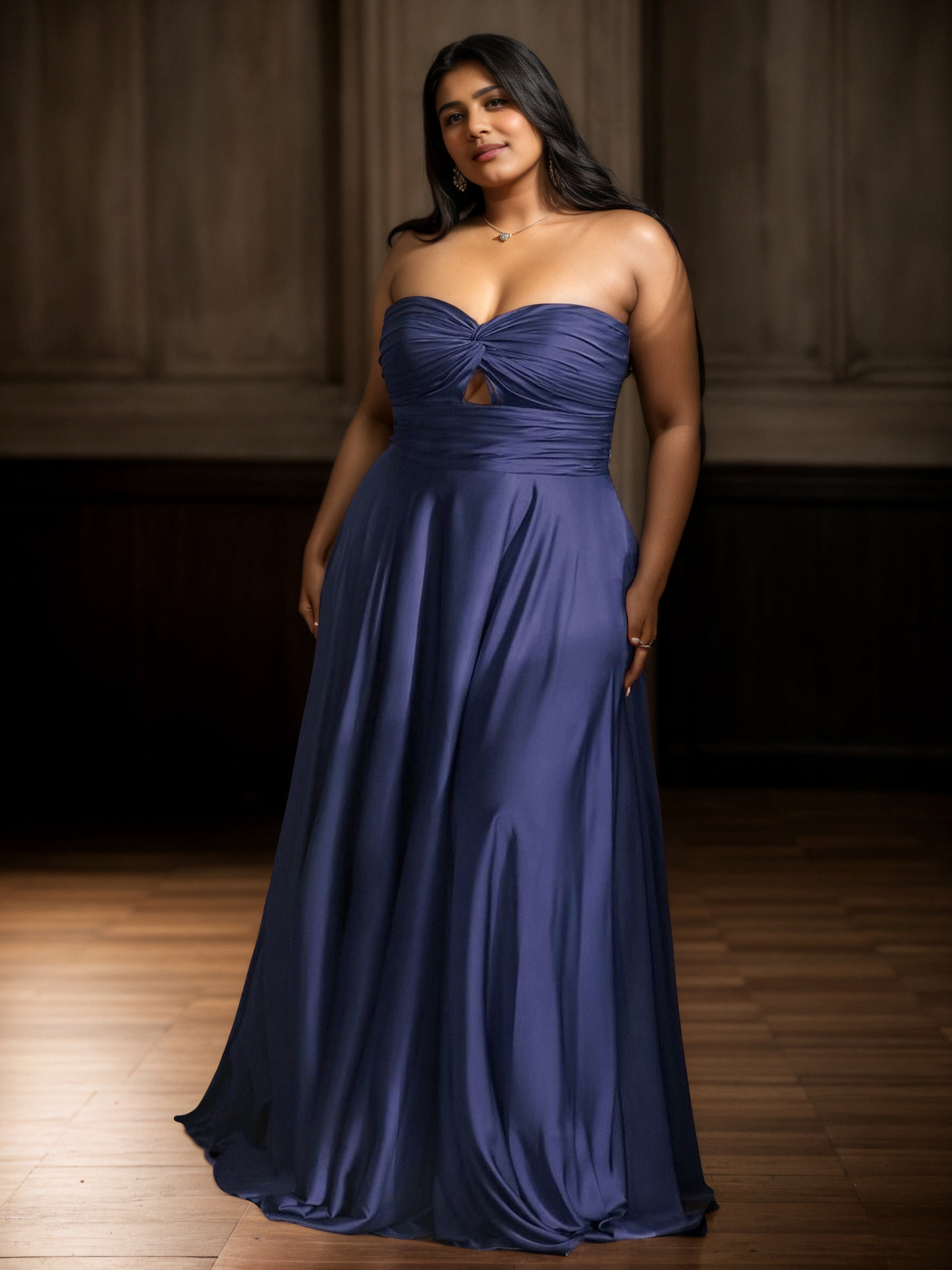 Robe de Bal MARINE_FONCE Longue Sans Bretelles Grande Taille avec Plissés et Sans Manches