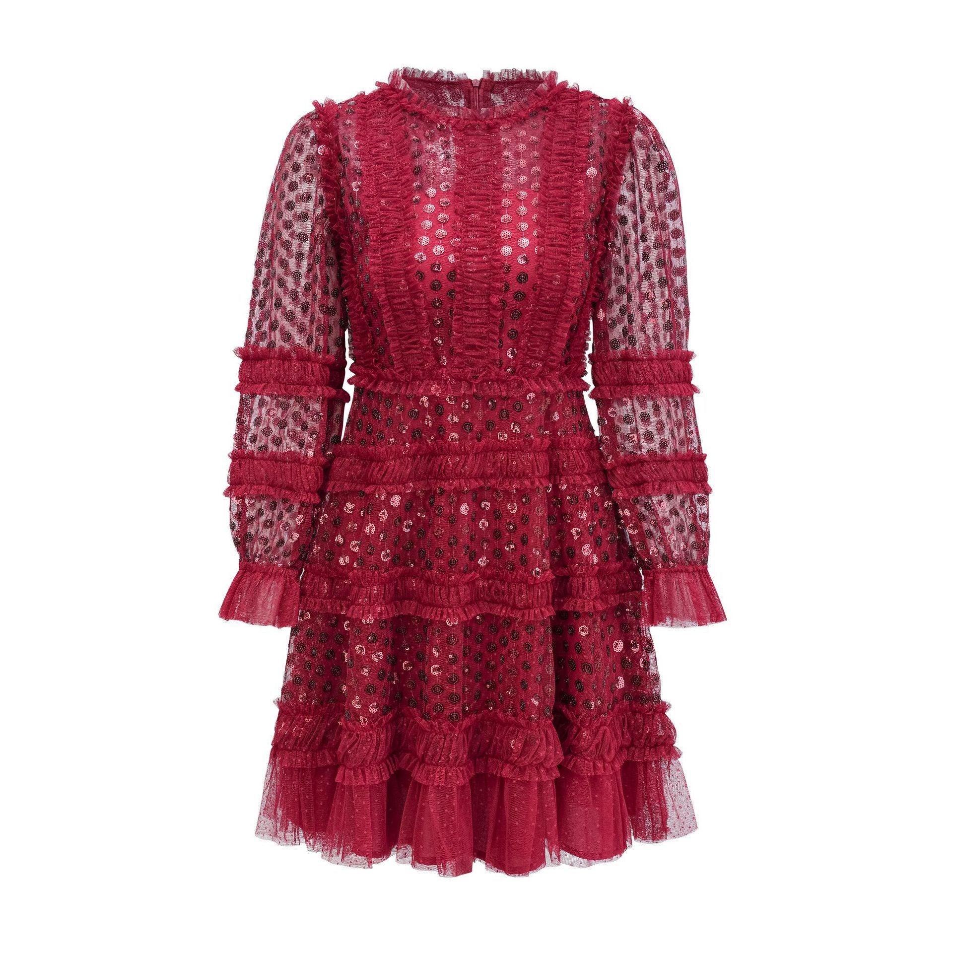 Robe Courte Trapèze Paillettes Col Rond Manches Longues Robe de Soirée en Rouge