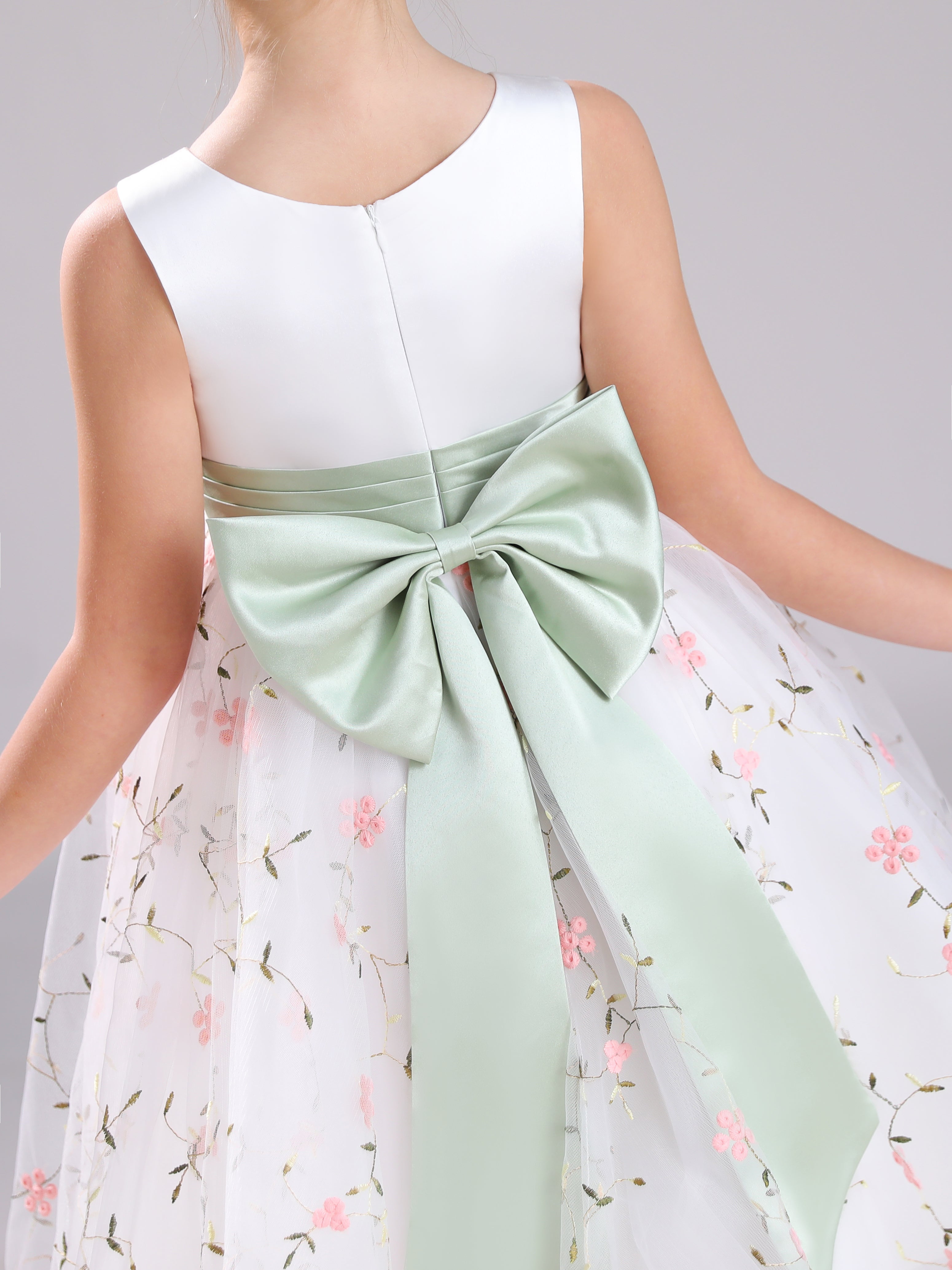 Douce Col Carré Satin&Tulle&Dentelle Courte Robe Fille