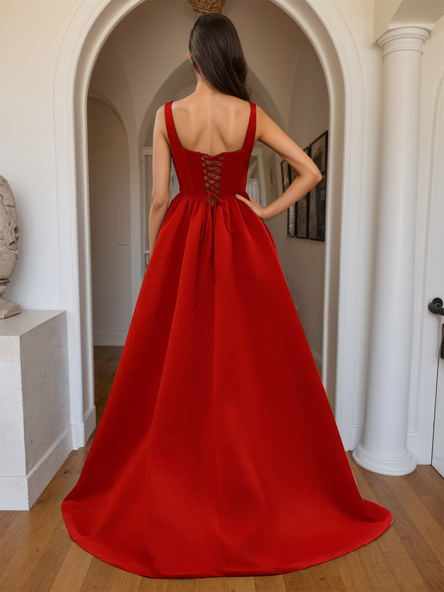 Cicinia Robe de Soirée Rouge Longue A-Line en Satin Décolleté Carré Ravissante