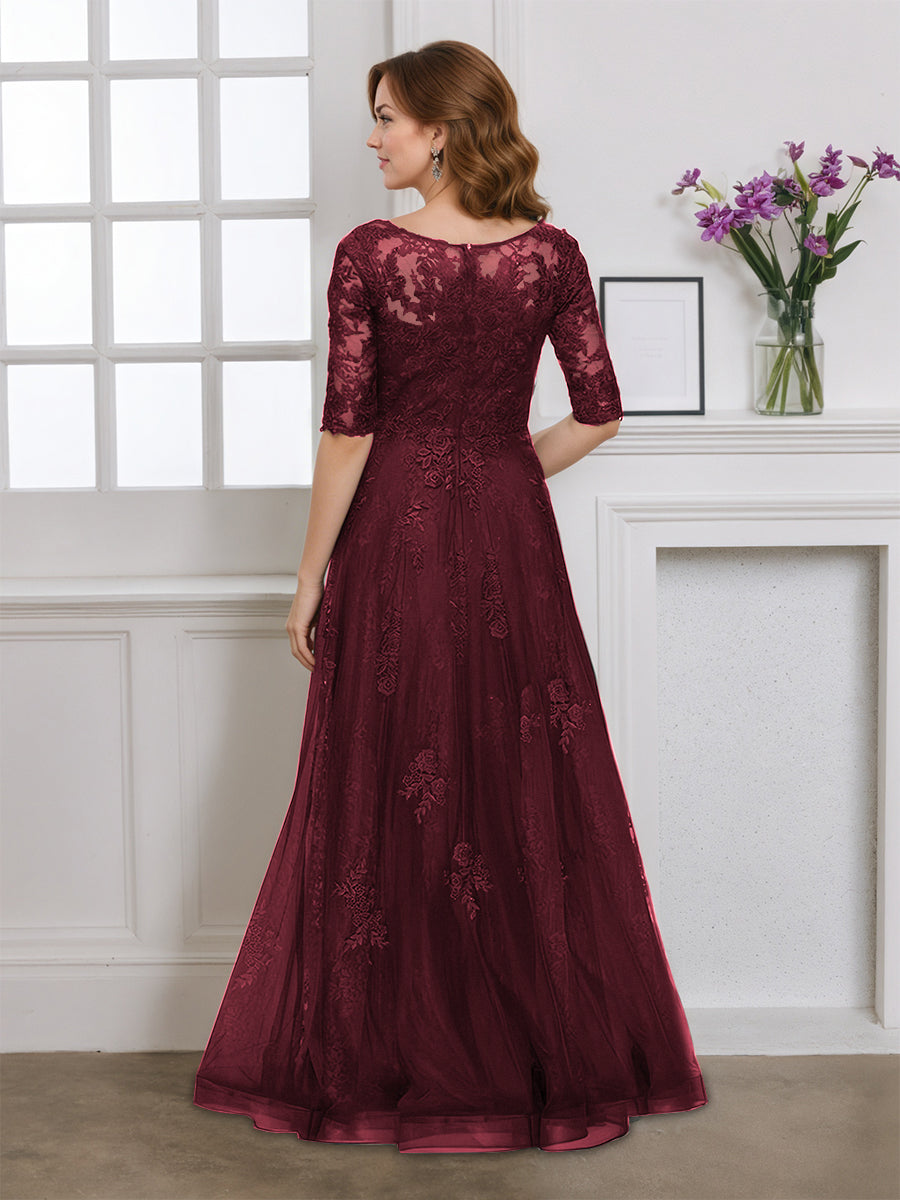 Cicinia Cabernet Robe pour Mère de la Mariée Longue en Tulle Appliqués Dentelle Manches Demi-longues Longueur Sol