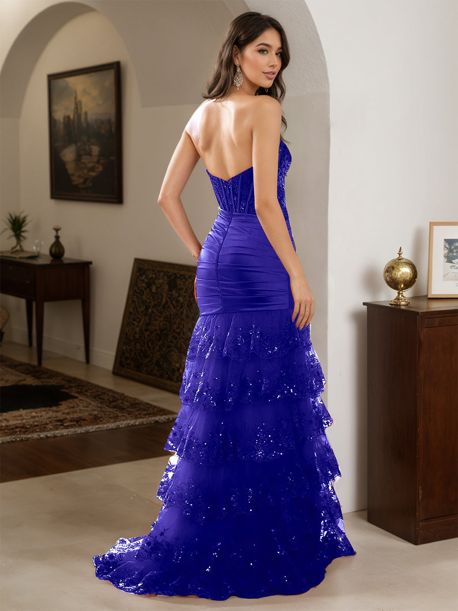 Cicinia Robe de Soirée REGENCE Longue Fourreau en Dentelle à Volants Fente Décolleté Cœur