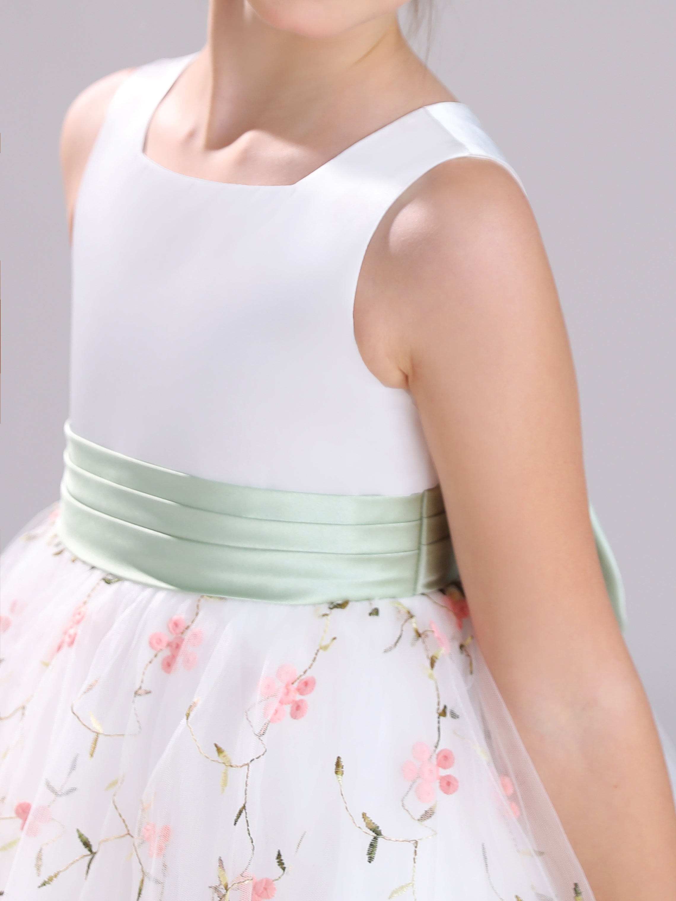 Douce Col Carré Satin&Tulle&Dentelle Courte Robe Fille