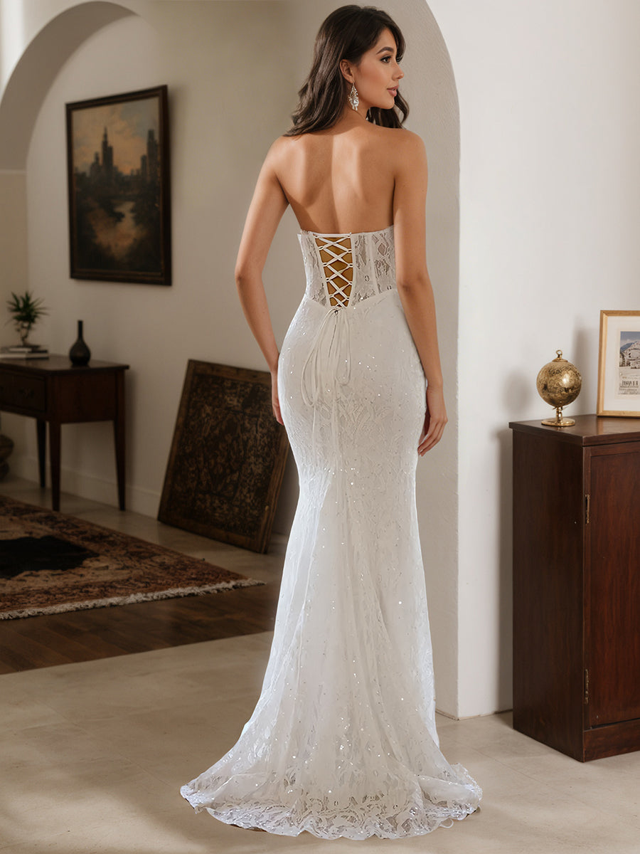 Cicinia Robe de Soirée Blanc Longue Fourreau en Dentelle sans Bretelles avec Traîne Balayée
