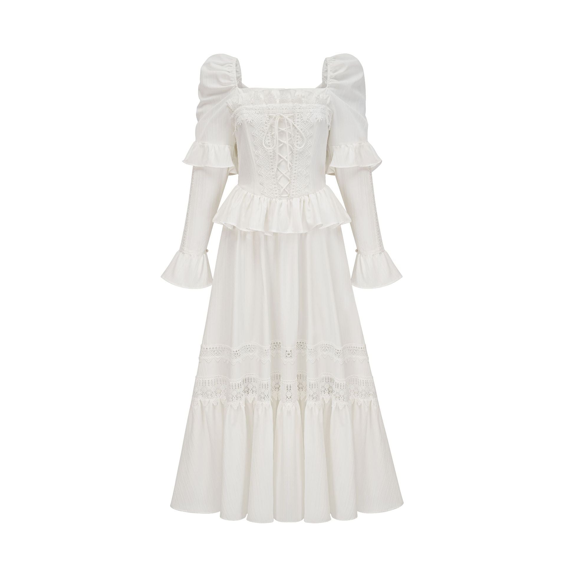 Robe Longue Trapèze Col Carré Manches Longues Robe de Soirée en Blanc