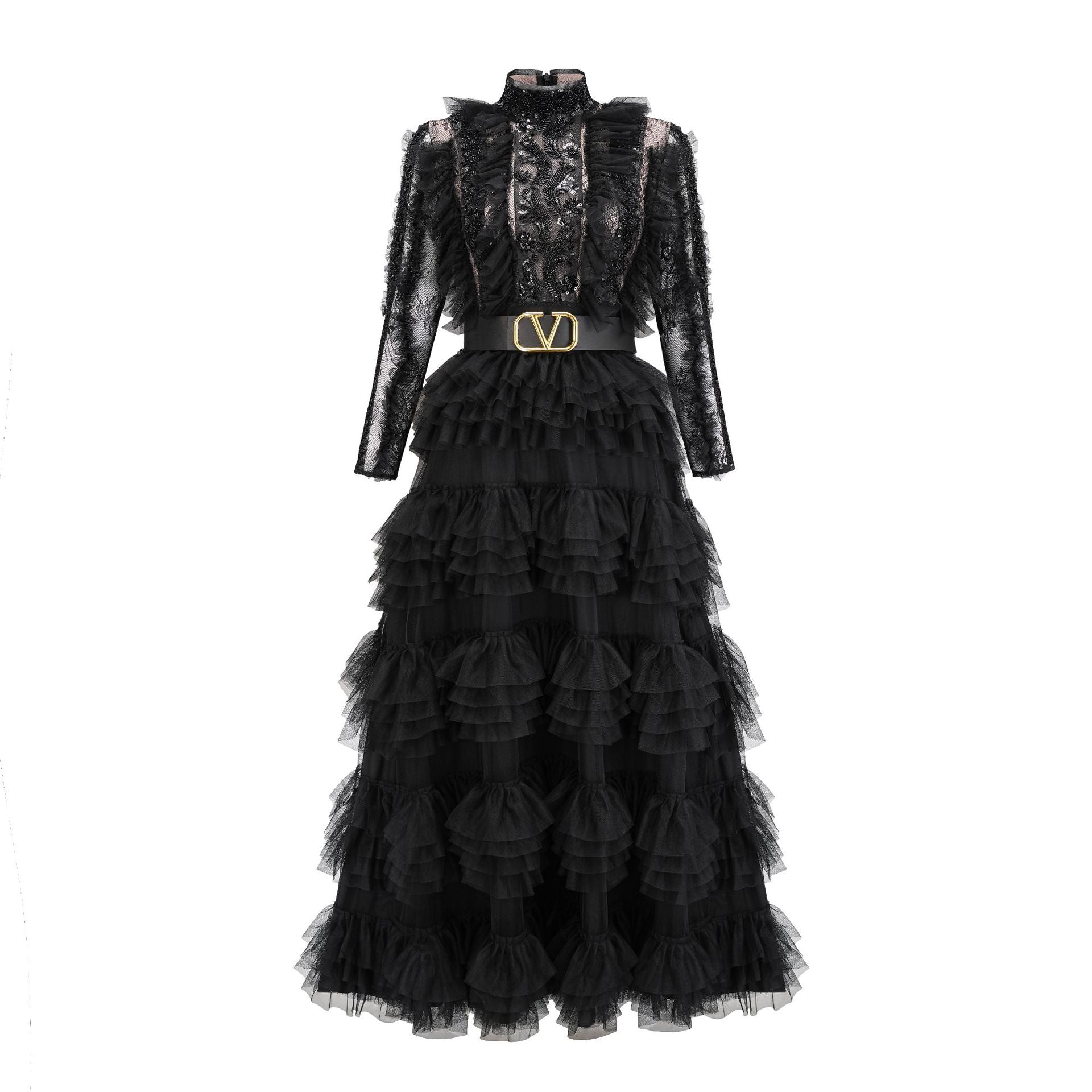 Robe Longue Trapèze Col Montant Manches Longues Robe de Soirée en Noir