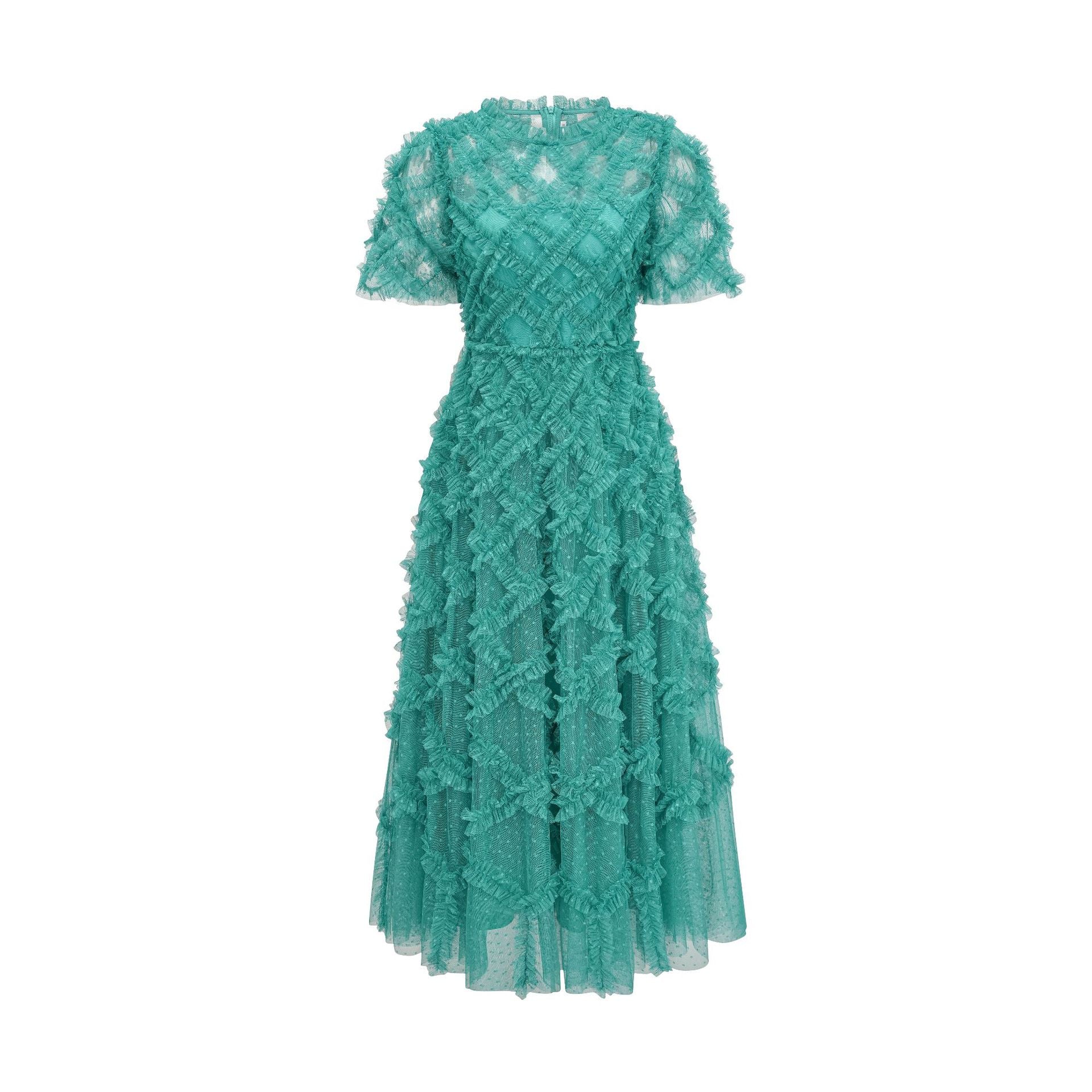 Robe Brodée Trapèze Col Rond Manches Courtes Robe de Soirée en Vert Foncé