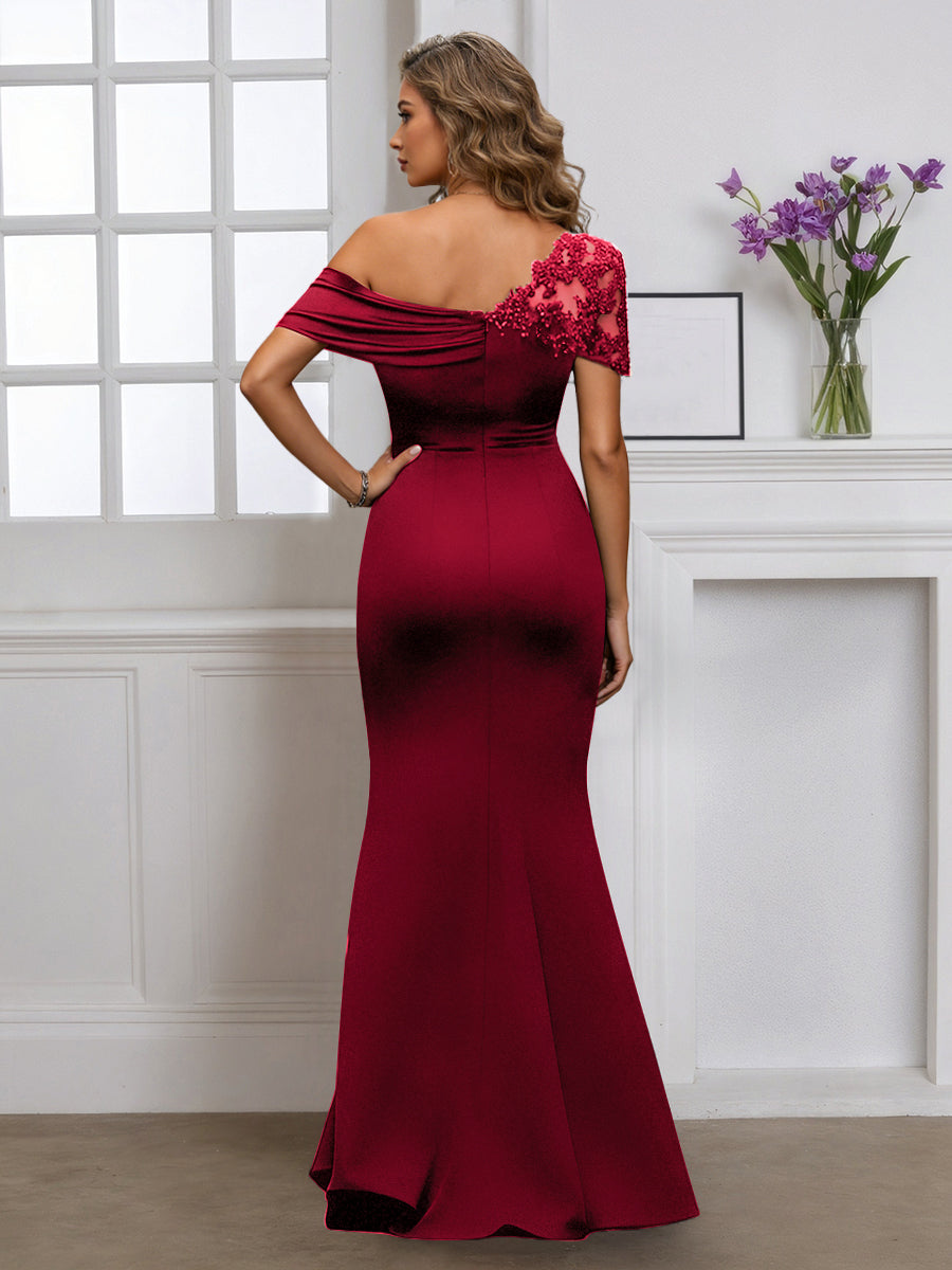 Cicinia Robe pour Mère de la Mariée BORDEAUX Longue en Tissu Extensible Fourreau Une Épaule Longueur Sol