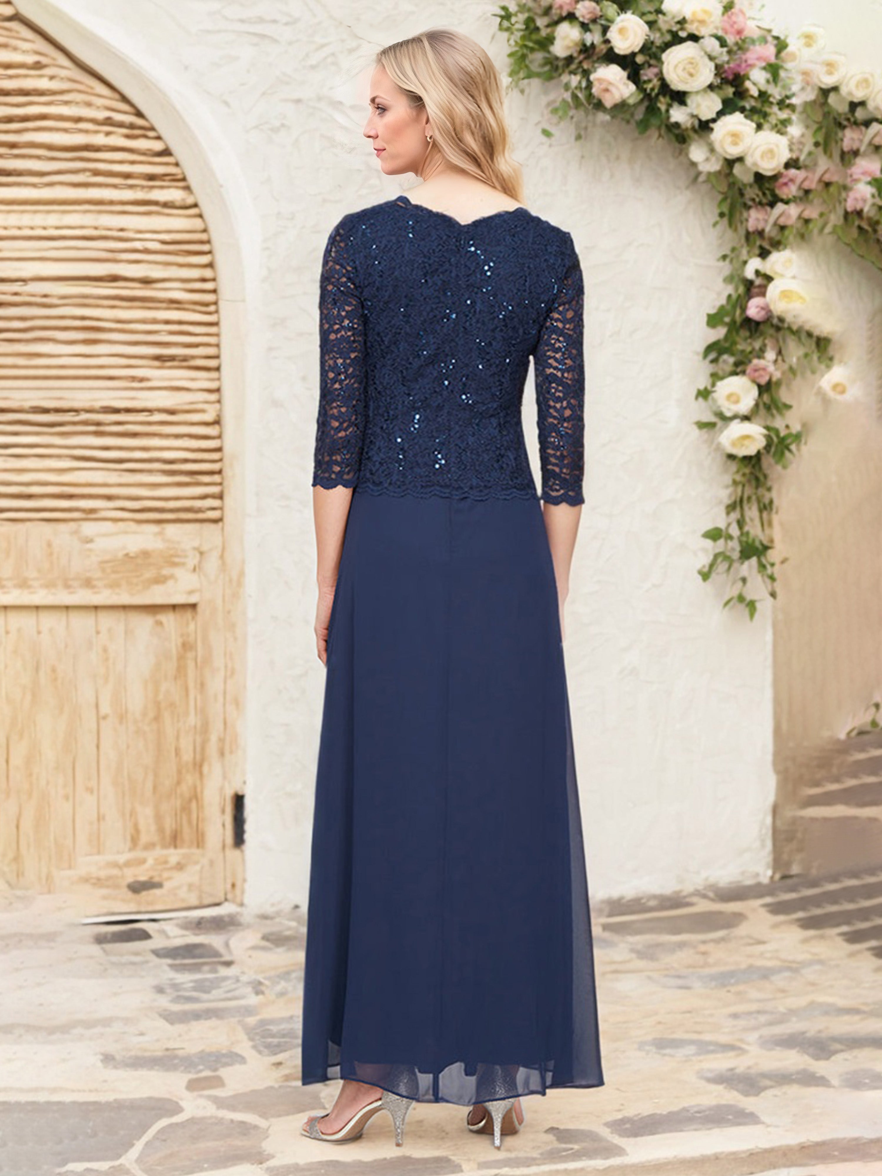 Robe Cérémonie Mariage Mère Du Marié BLEU_MARINE Manches 3/4 Dentelle et Mousseline Robe Mère de la Mariée