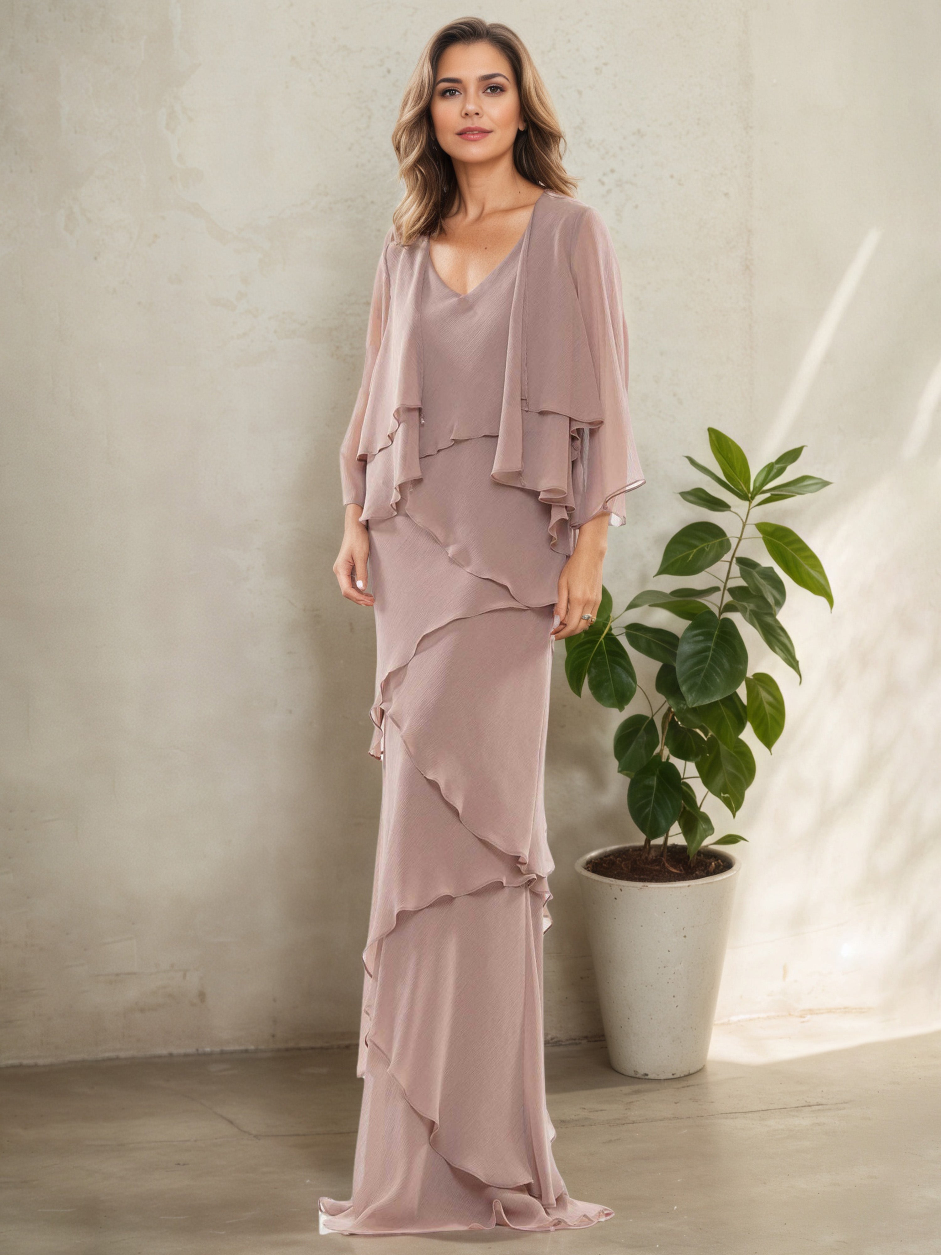 Robe Mère de la Mariée Vintage_Mauve Fourreau/Colonne Longue à Décolle
