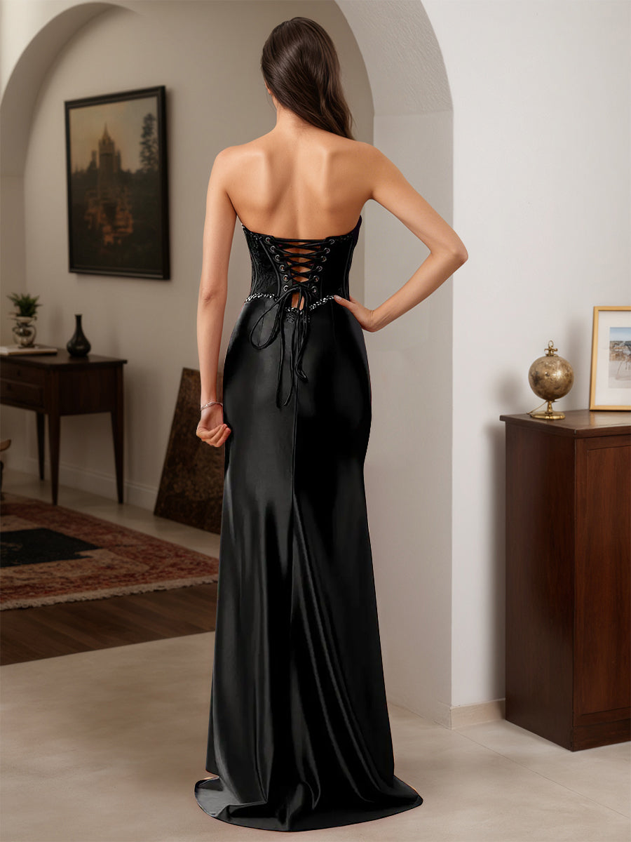 Cicinia Noir Robe de Soirée Longue Fourreau Perlé Décolleté Cœur Fente