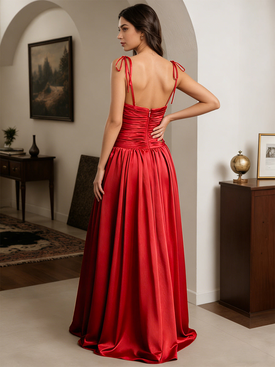 Cicinia Rouge Robe de Soirée Longue A-Line en Satin à Bretelles Spaghetti Longueur Sol