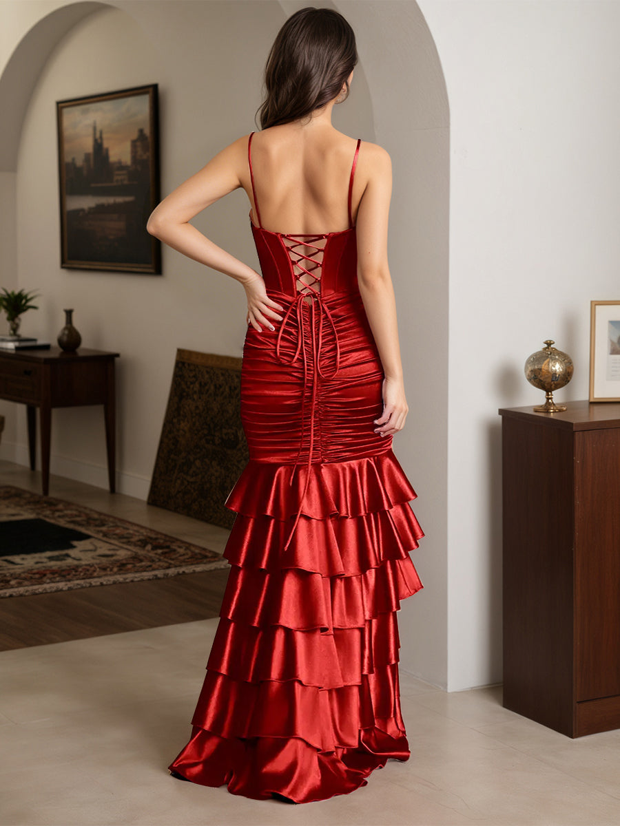 Cicinia Rouge Robe de Soirée Longue en Satin Extensible Fourreau à Bretelles Spaghetti à Volants Fente