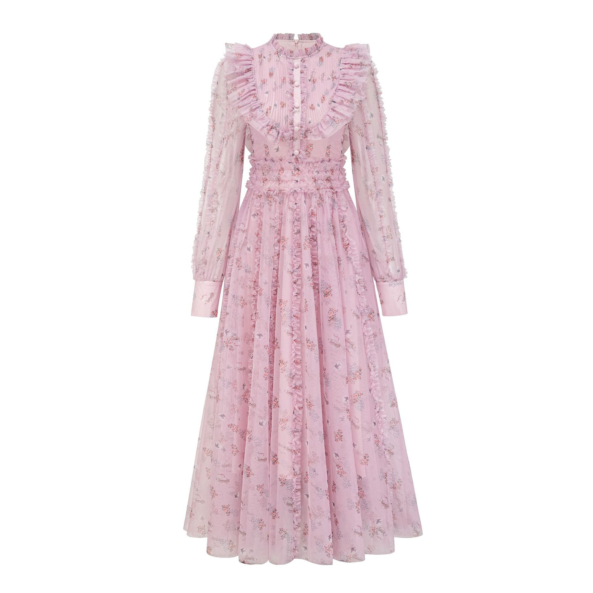 Robe Longue Trapèze Col Rond Manches Longues Robe de Soirée en Rose