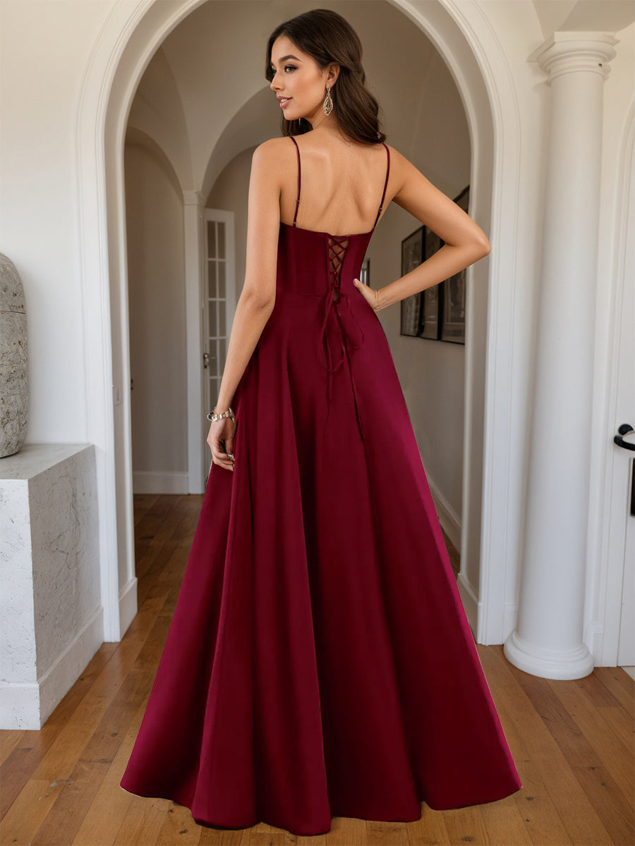 Cicinia Robe de Soirée BORDEAUX Longue A-Line en Satin à Bretelles Spaghetti Décolleté Cœur Longueur Sol