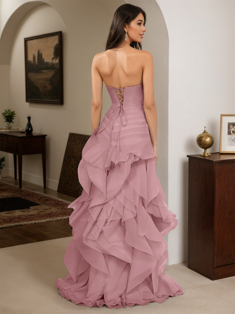Cicinia Robe de Soirée VINTAGE MAUVE Longue Fourreau en Tulle à Volants sans Bretelles avec Fleurs 3D