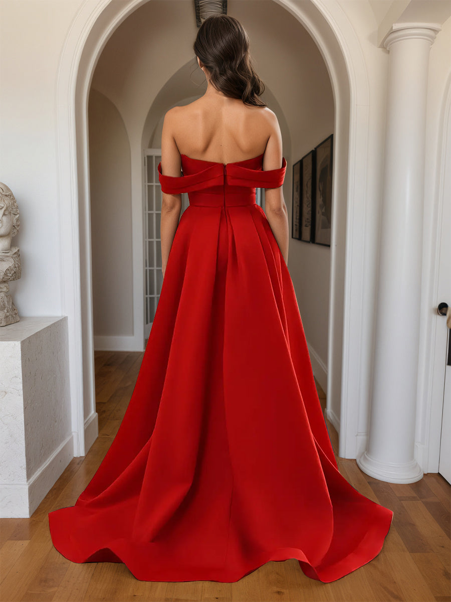Cicinia Rouge Robe de Soirée Longue Fourreau en Satin Doux Fente Épaules Dénudées