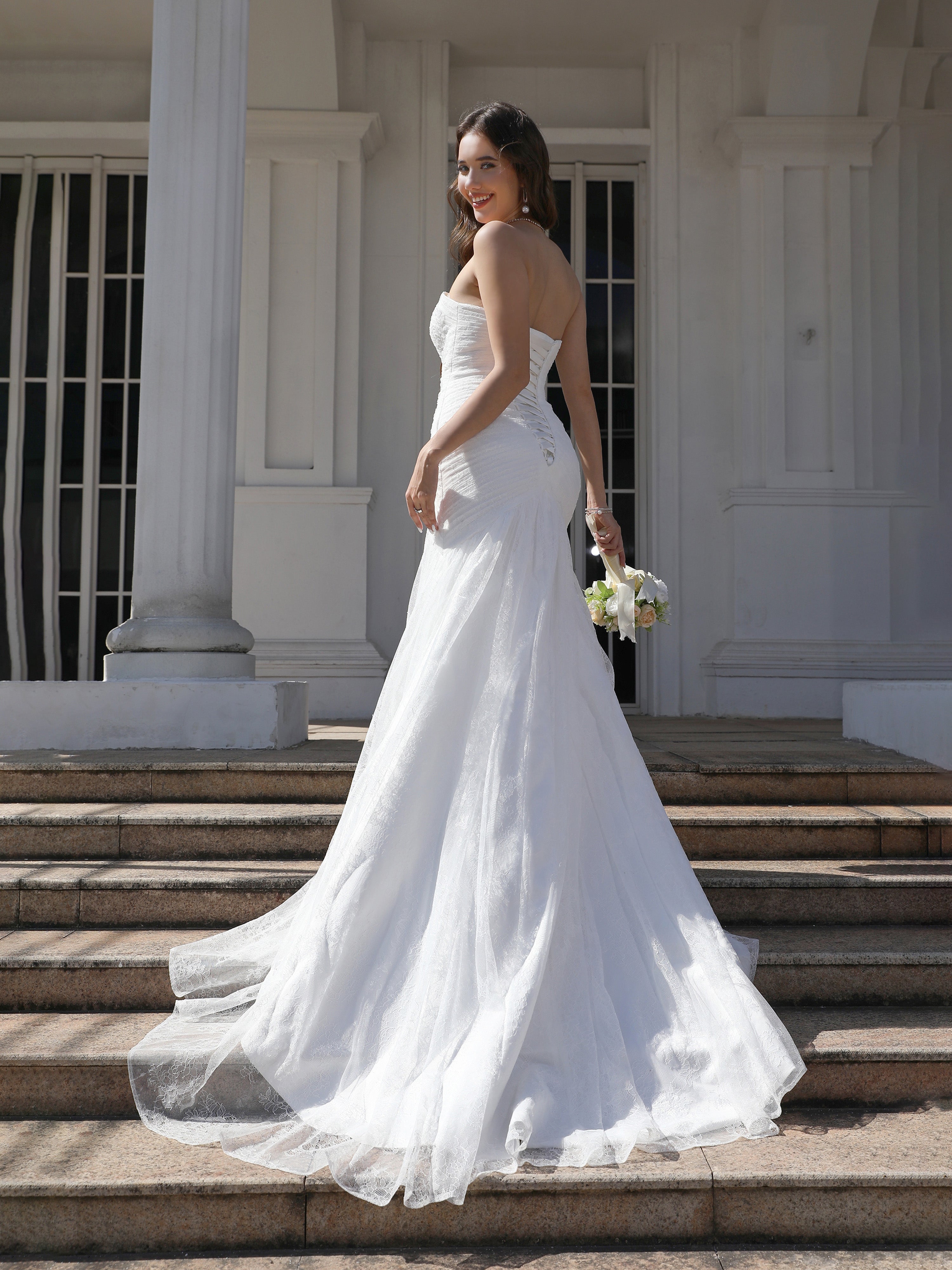 Cache Cœur Dentelle&Tulle Robe de Mariage Trompette/Sirène avec Traîne de balayage / pinceau