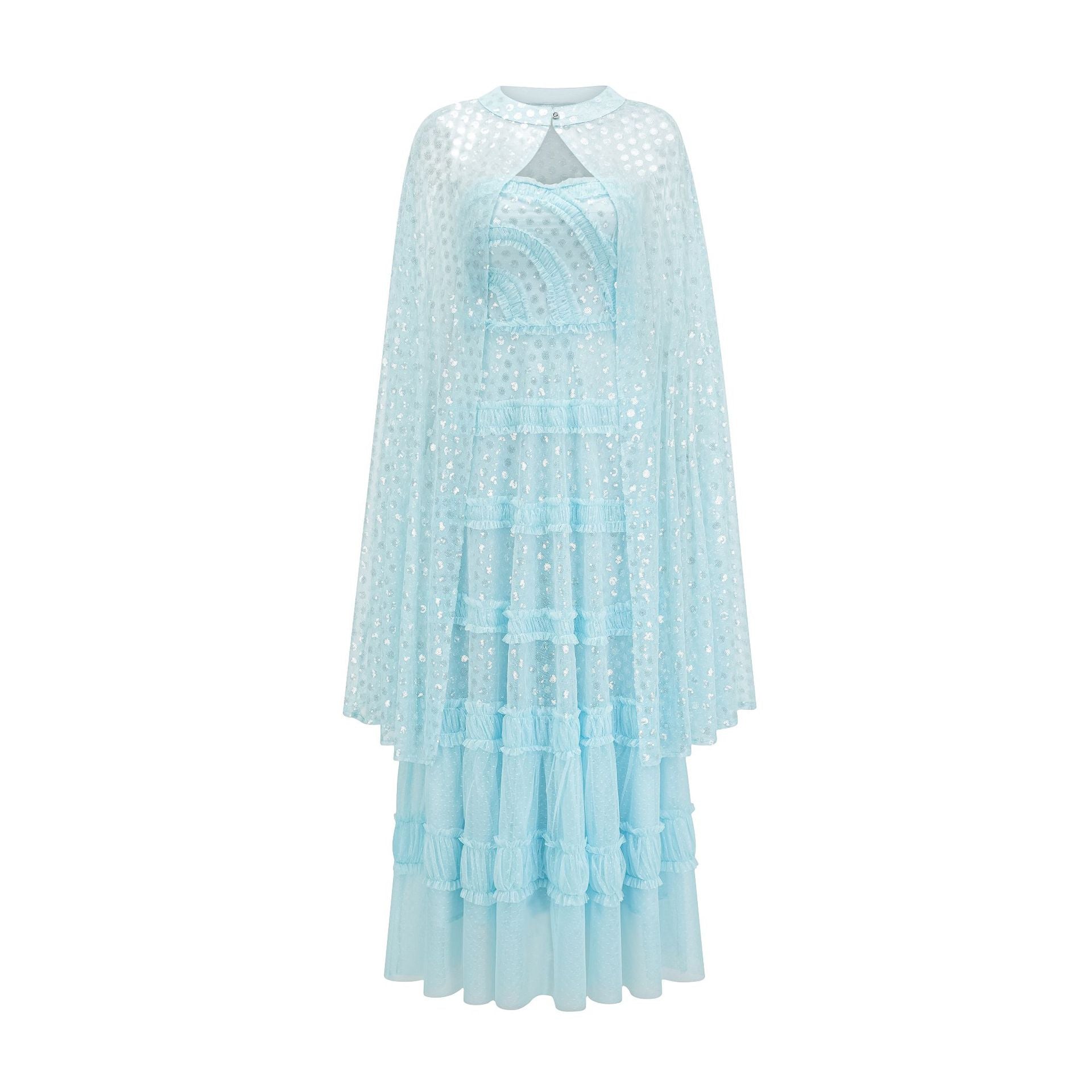 Robe Paillettes Deux Pièces Trapèze Sans Manches Robe de Soirée en Bleu Clair