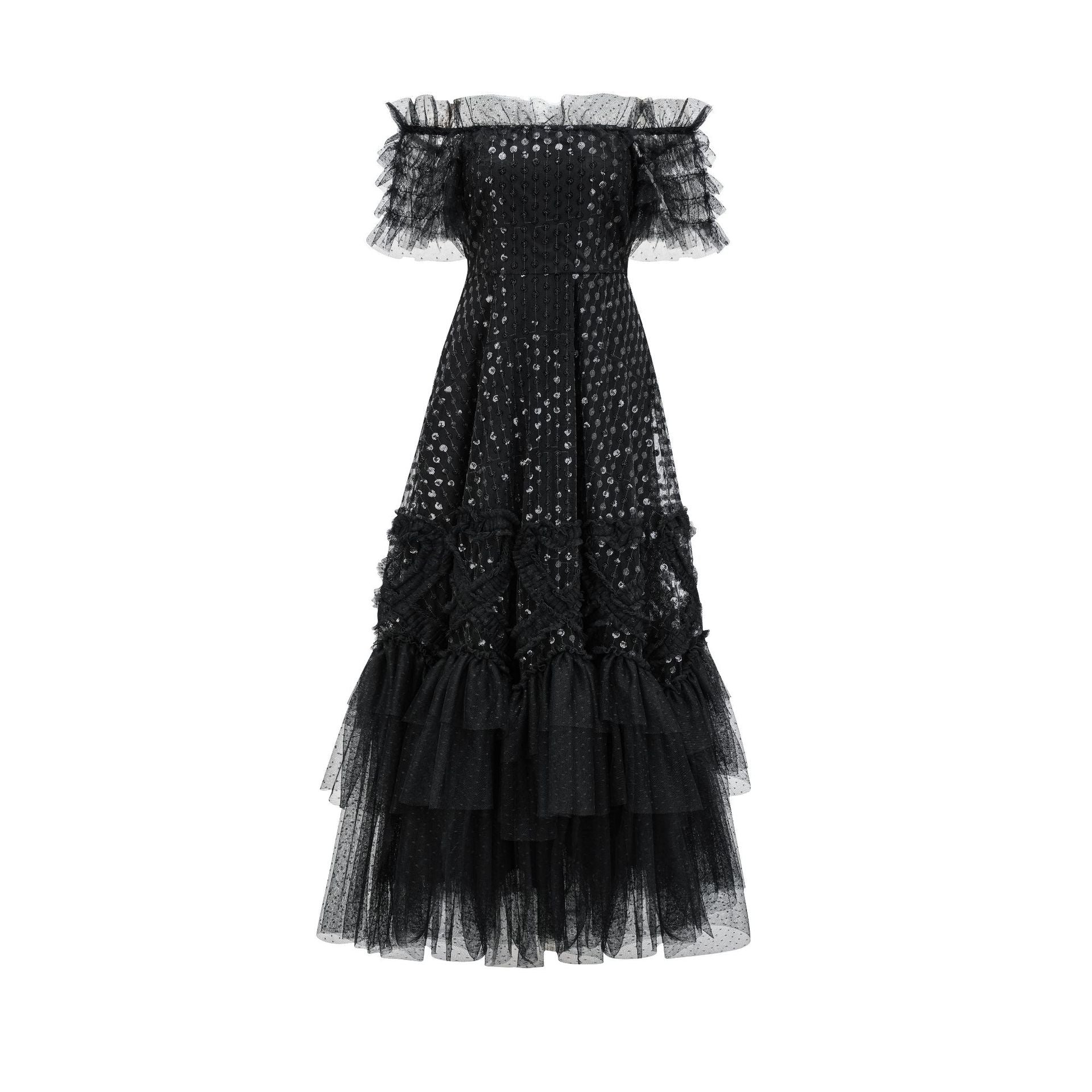 Robe Paillettes Trapèze Épaule Dénudée Manches Courtes Robe de Soirée en Noir