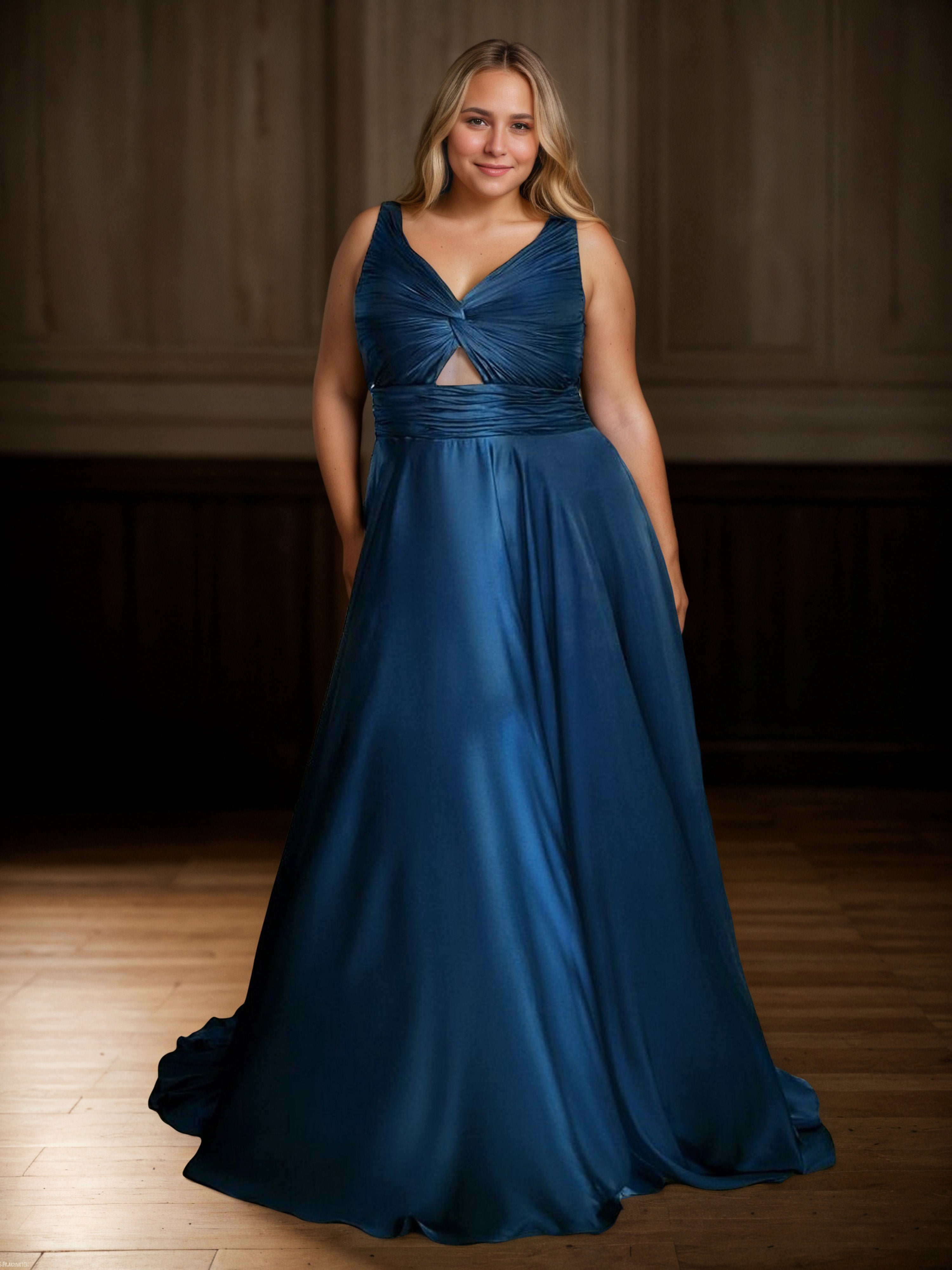 Robe de Bal BLEU_ROYALE à Encolure V et Bretelles Grande Taille Longue Sans Manches avec Plissés