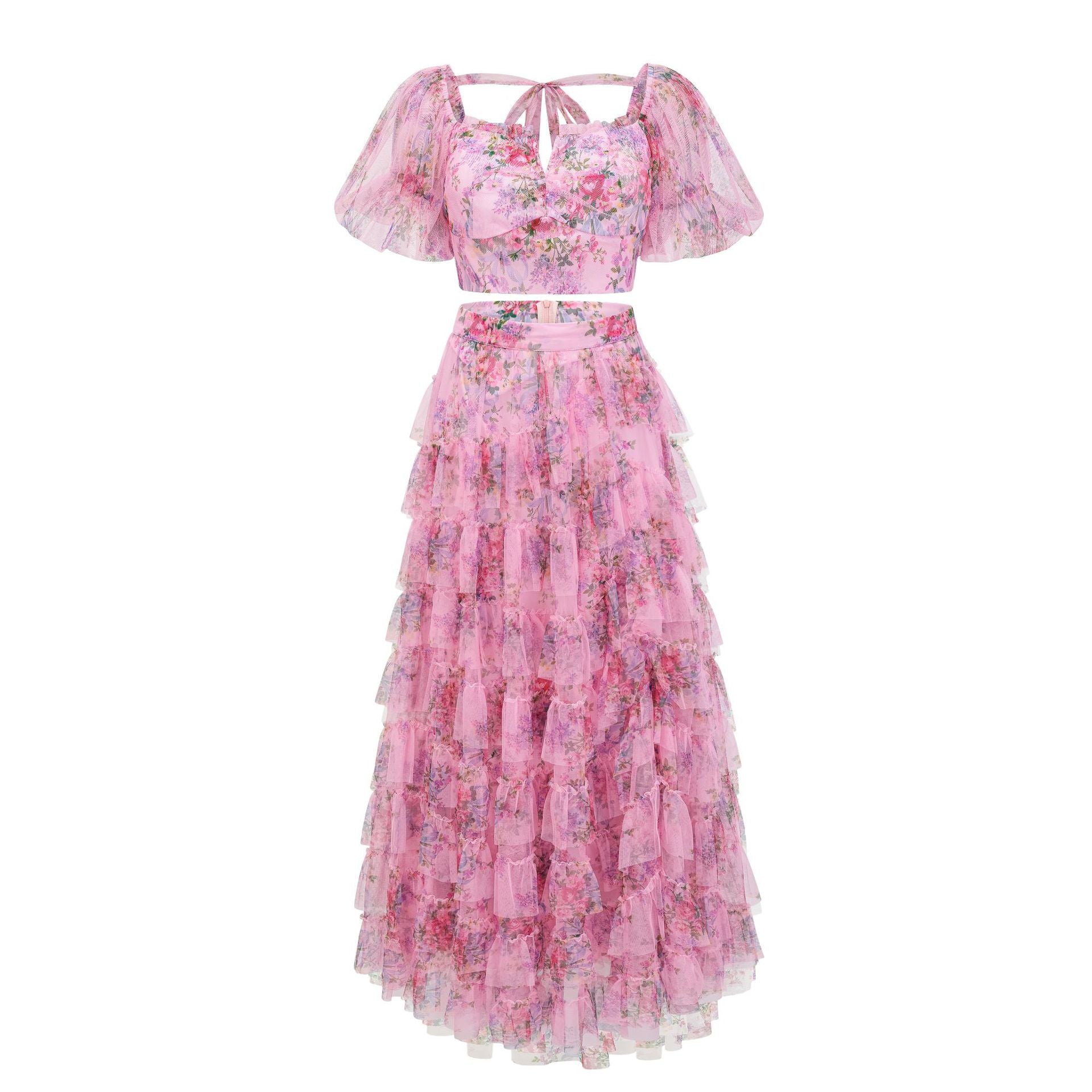 Robe Longue Deux Pièces Trapèze Col Carré Manches Courtes Robe de Soirée en Rose