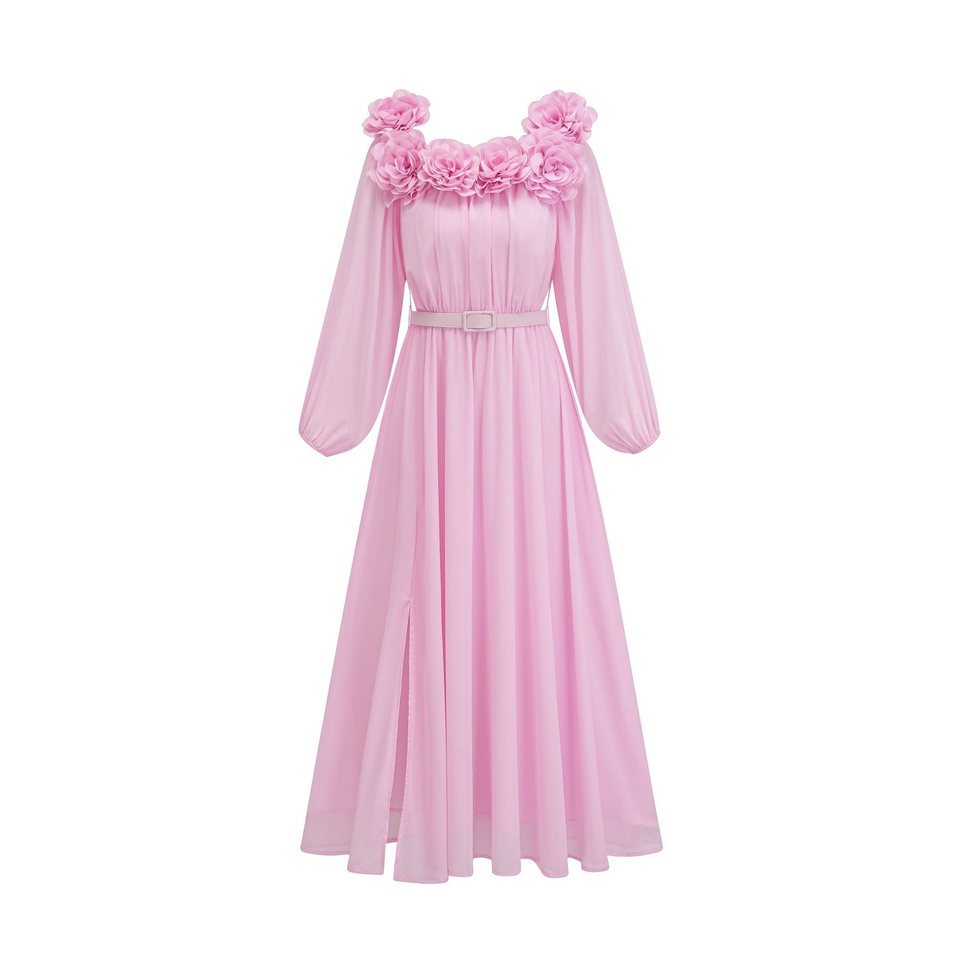 Robe Trapèze Col Carré Manches Longues Robe de Soirée en Rose