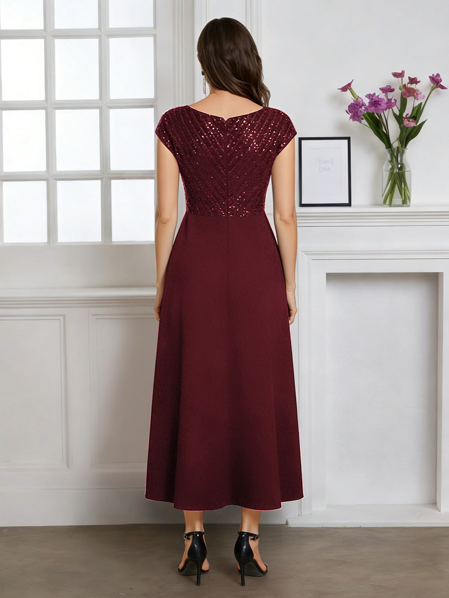 Cicinia Cabernet Robe pour Mère de la Mariée Longue A-Line en Mousseline à Paillettes Décolleté en V Longueur Midi