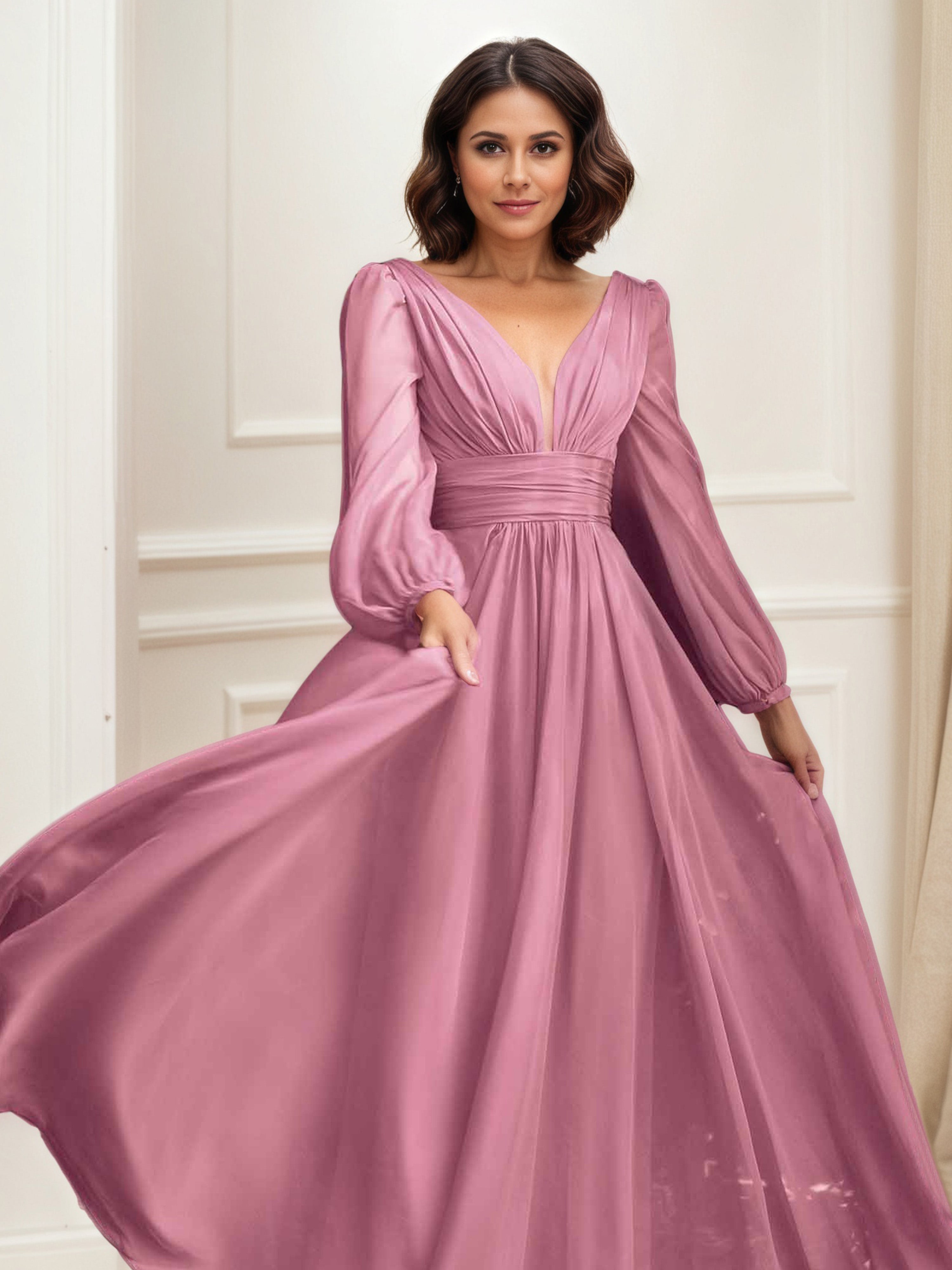 Robe de Soirée Mauve_Foncé Col V Robe Mousseline Trapèze Manches Longue Robe Plissée