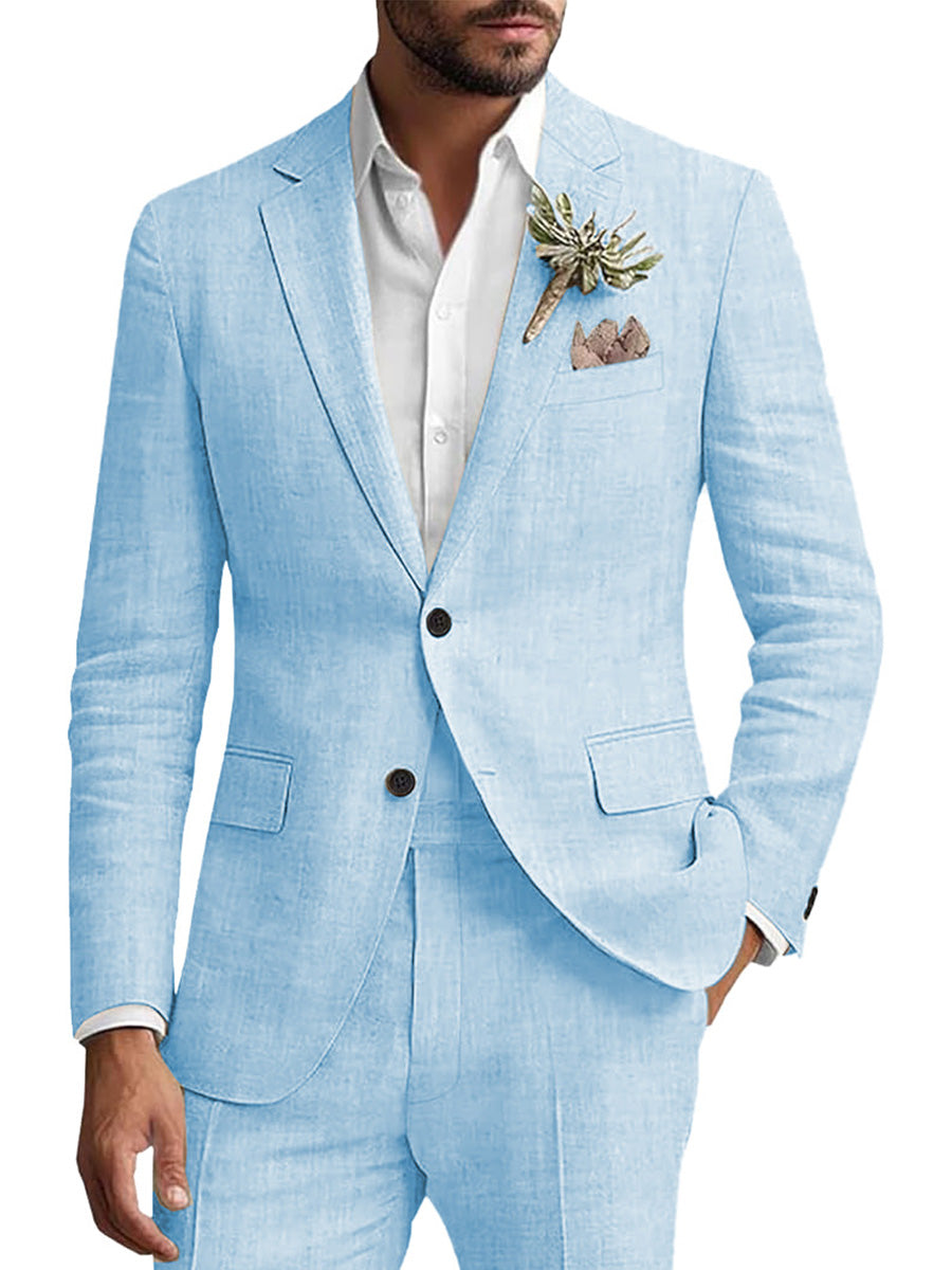 Costume Homme 2 Pièces BLEU_CIEL en Lin Pour le Marié et les Affaires Décontractées Élégance Respirante
