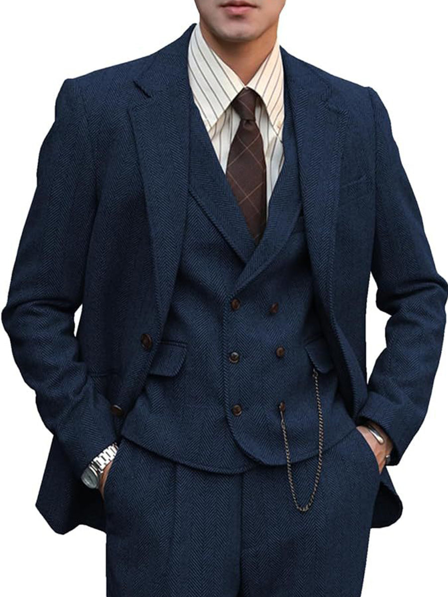 Costume 3 Pièces en BLEU_MARINE Élégant à Motif Chevron Tenue Haut de Gamme pour le Marié et la Réception