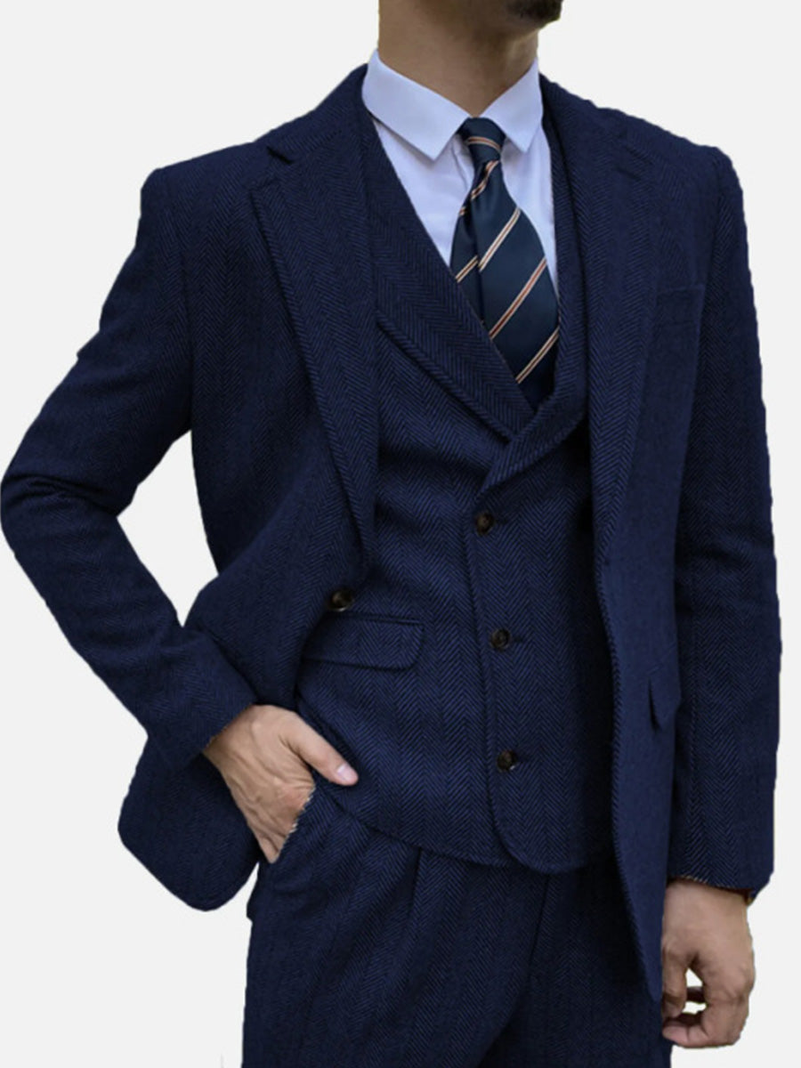 Costume Homme 3 Pièces en MARINE_FONCE en Tweed à Motif Chevron Style Rétro et Coupe Slim pour Affaires Décontracté