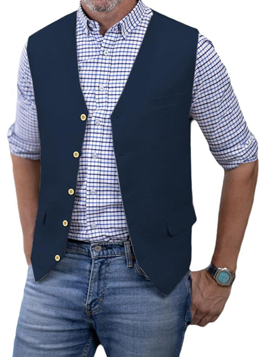 Gilet Décontracté en BLEU_MARINE en Coton-Lin Respirant Minimalisme Élégant pour Homme