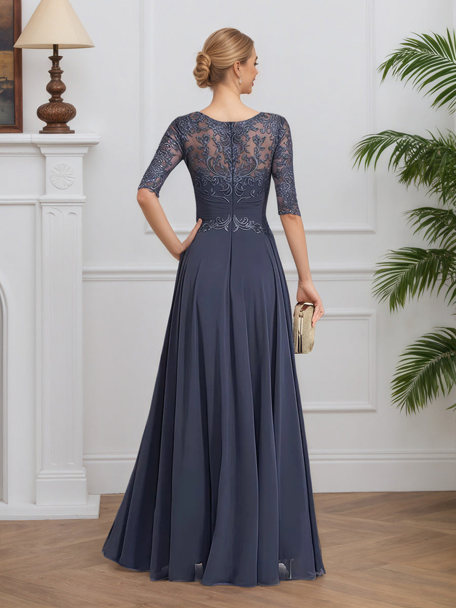 Cicinia ORAGEUX Robe pour Mère de la Mariée Longue en Mousseline et Dentelle A-Line Manches Demi-longues