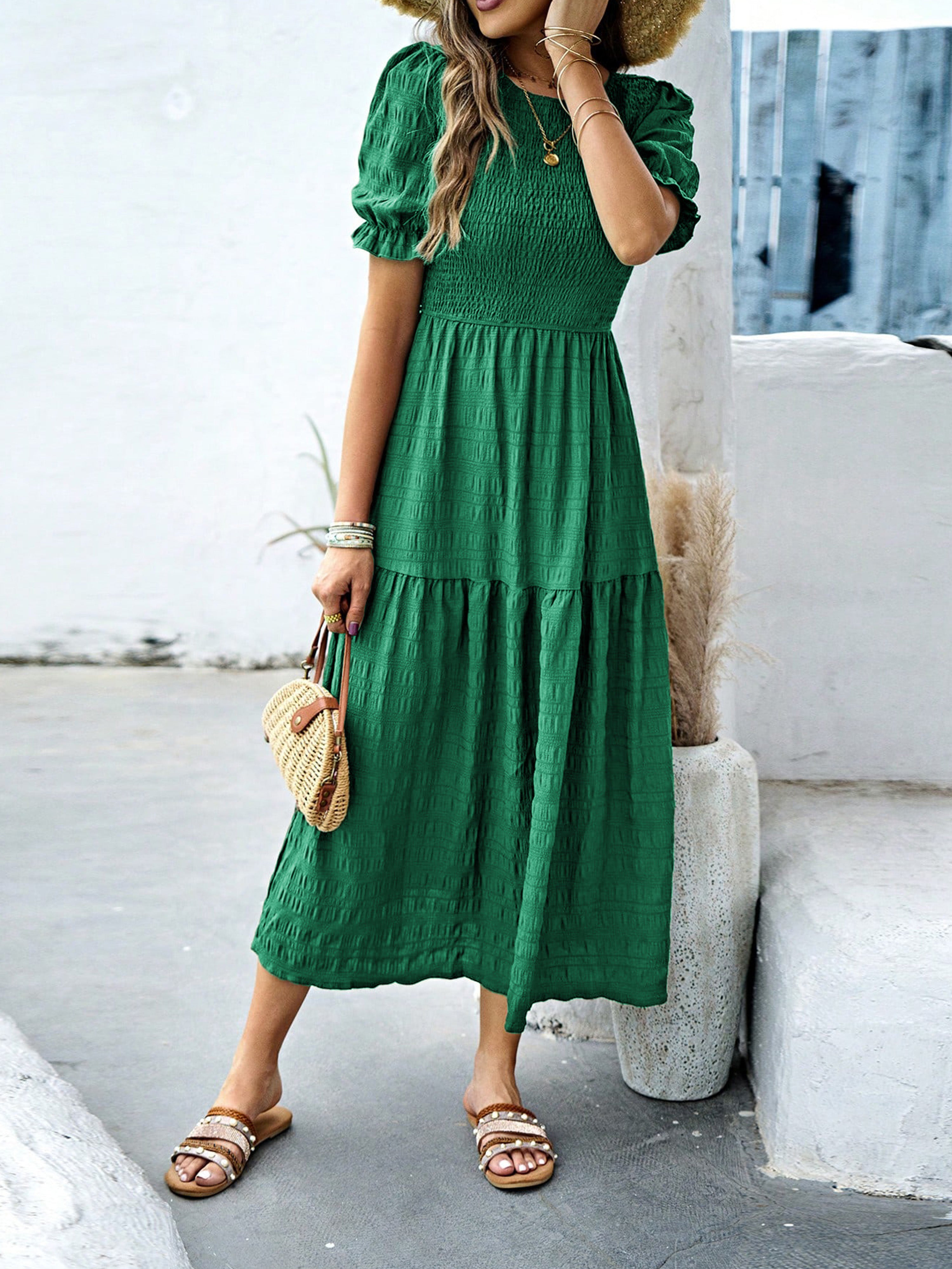 Robe Longue Trapèze Col Rond Manches Courtes à Volants Robe Invitée de Mariage en Vert Foncé