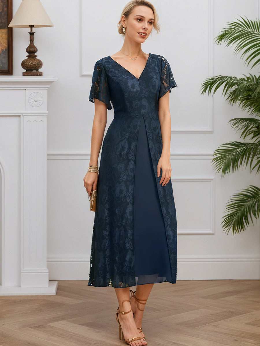 Cicinia Bleu Marine Foncé Robe pour Mère de la Mariée Longue en Mousseline et Dentelle A-Line Longueur Midi
