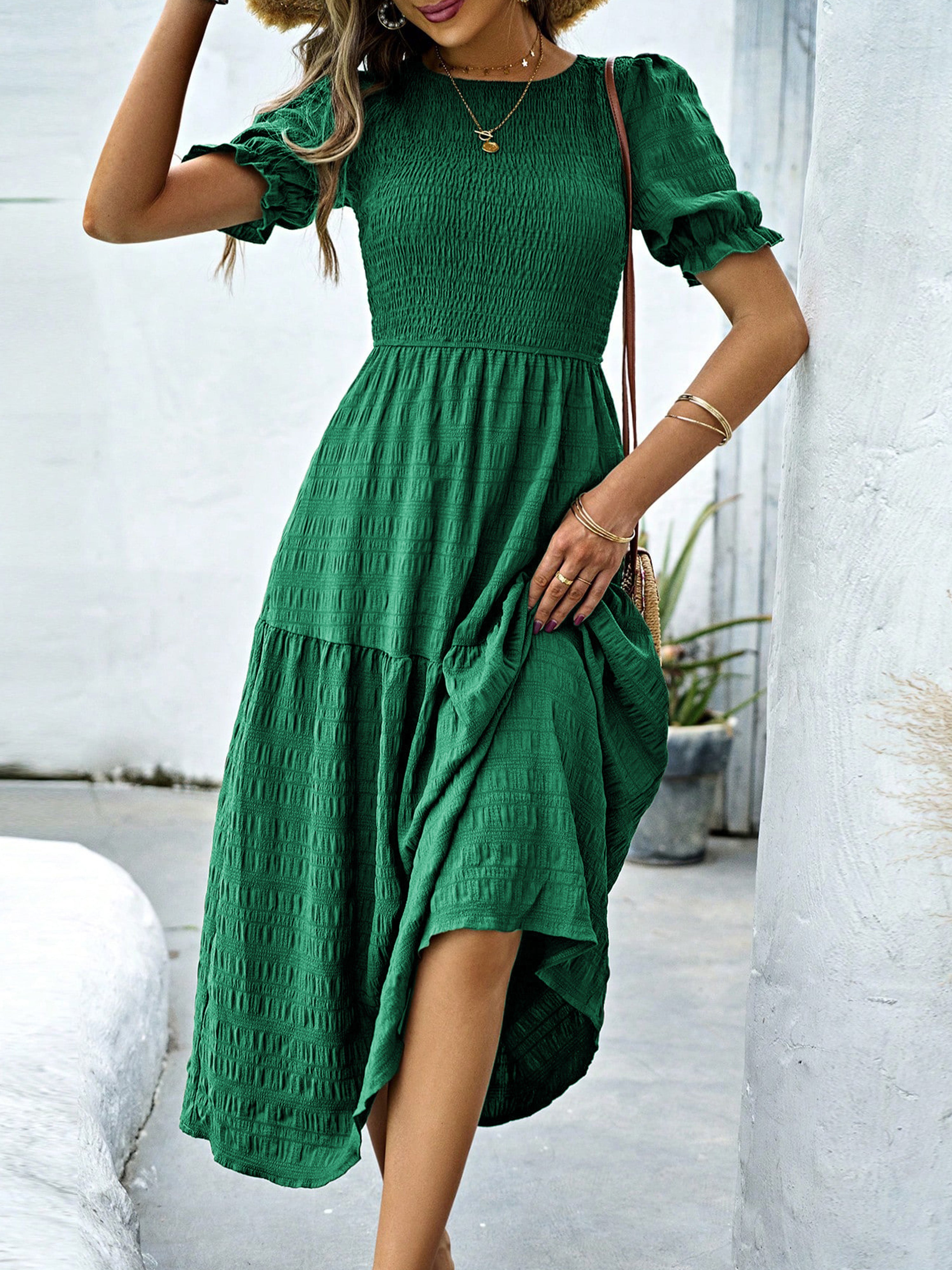 Robe Longue Trapèze Col Rond Manches Courtes à Volants Robe Invitée de Mariage en Vert Foncé